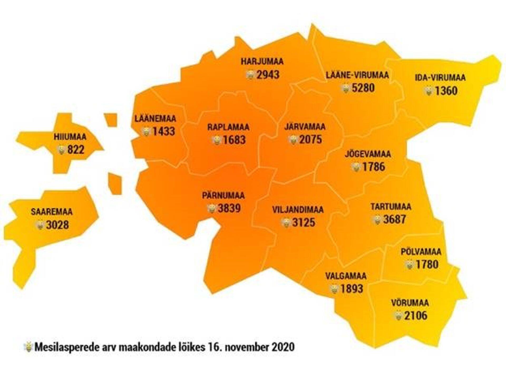 Mesilasperede arv maakondade lõikes nov 2020
