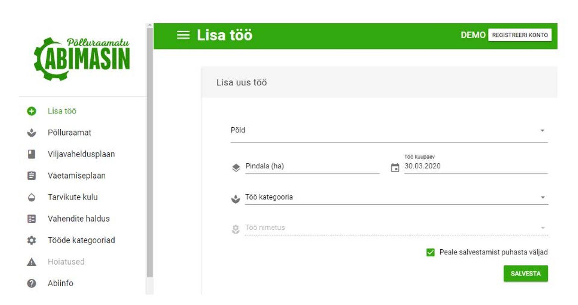Põlluraamatu Abimasina demo. Kuvatõmmis lehelt https://põlluraamatu.abimasin.ee/#/