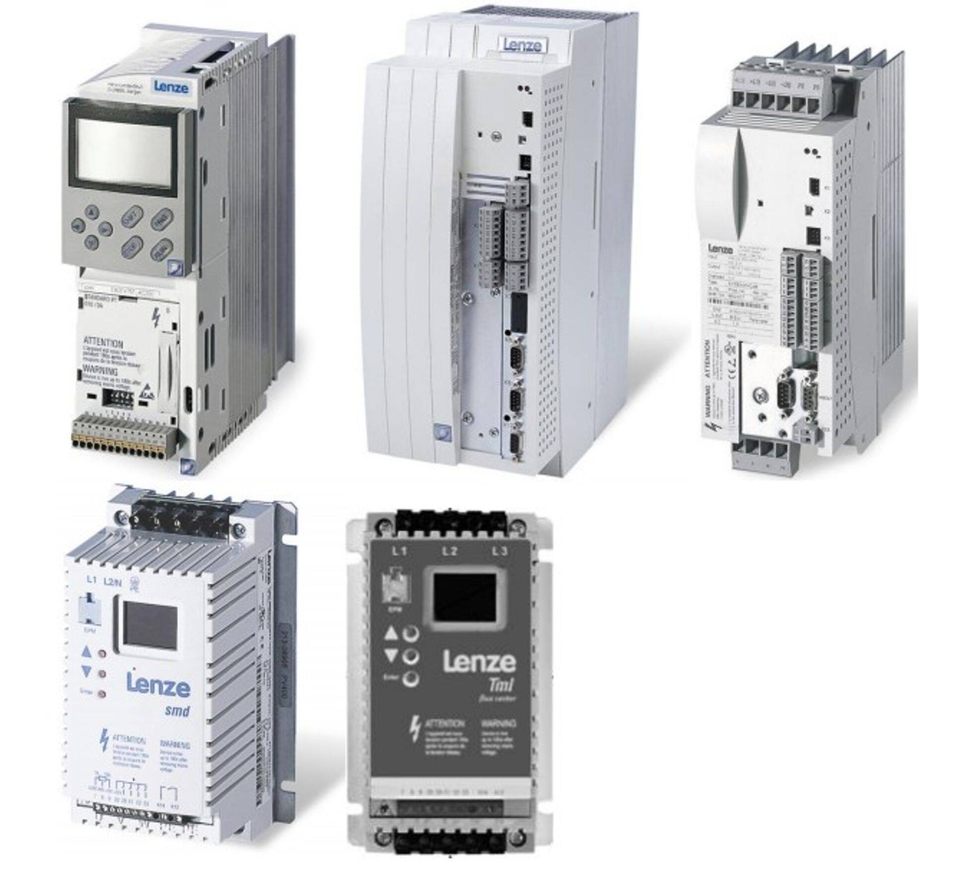 Lenze 8200, 9300, SMD ja TML seeria sagedus- ja servomuundurite näiteid.
