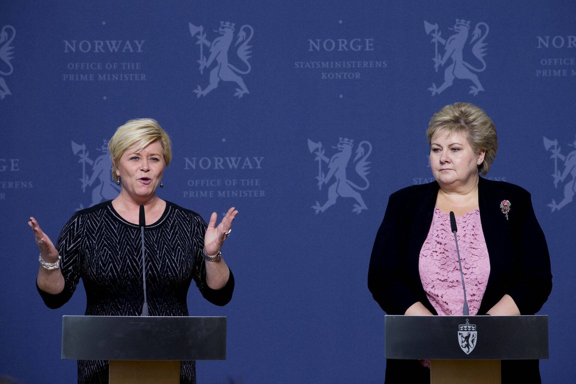 Norra rahandusminister Siv Jensen ja peaminister Erna Solberg.