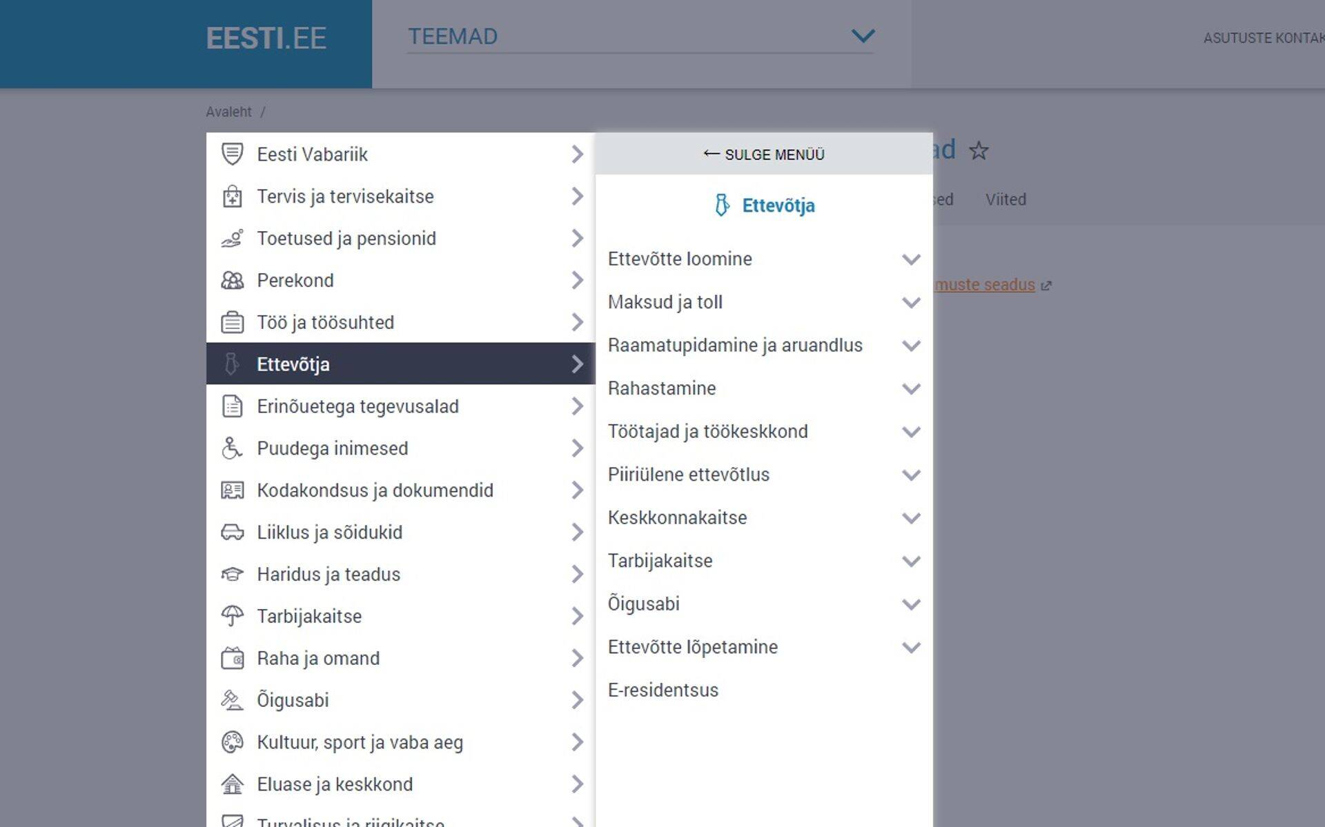 Eesti.ee portaalis ettevõtjale