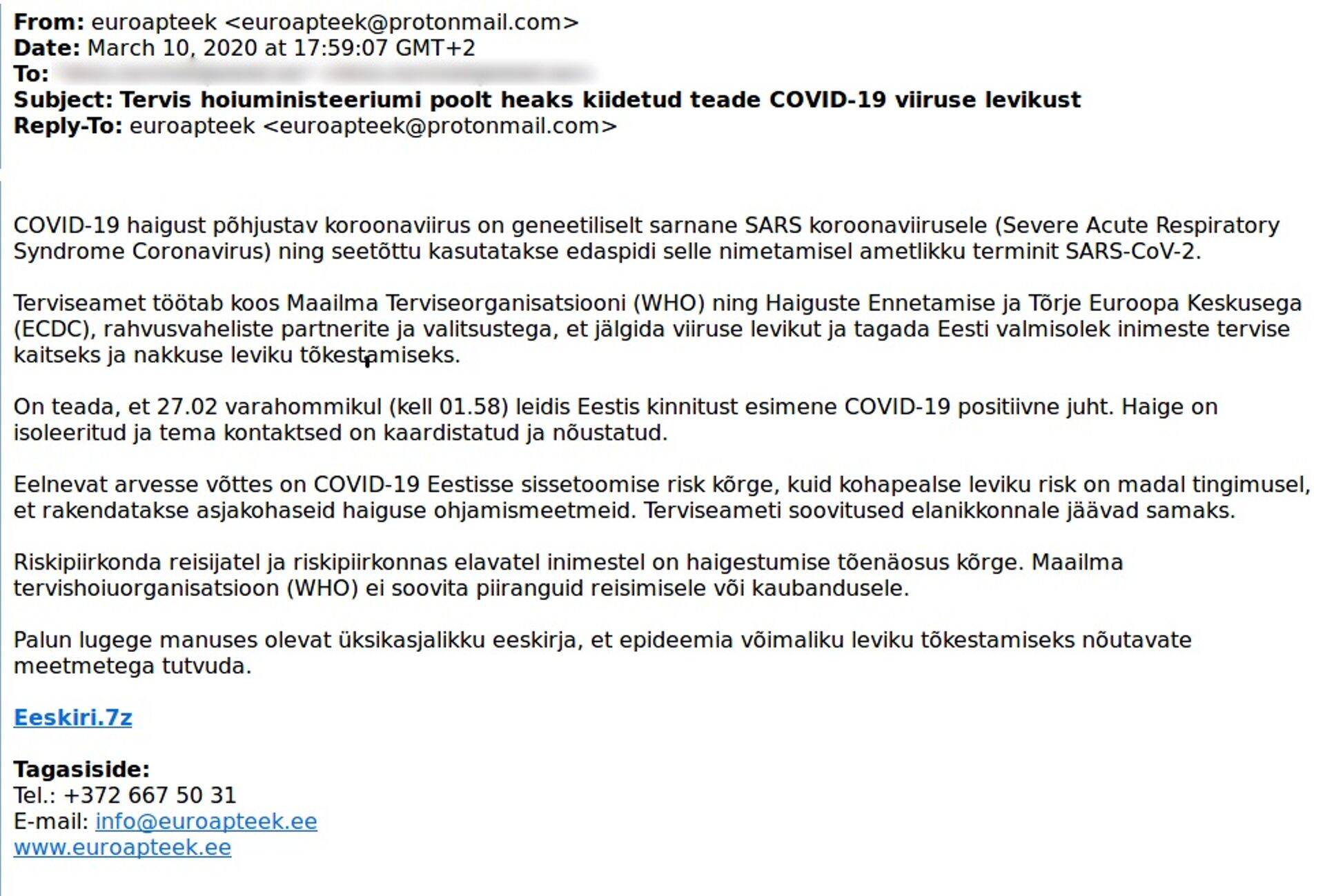 Pahavara sisaldava kirja saatjaks võib näiliselt olla Euroapteek. RIA palub selliseid kirju mitte avada.