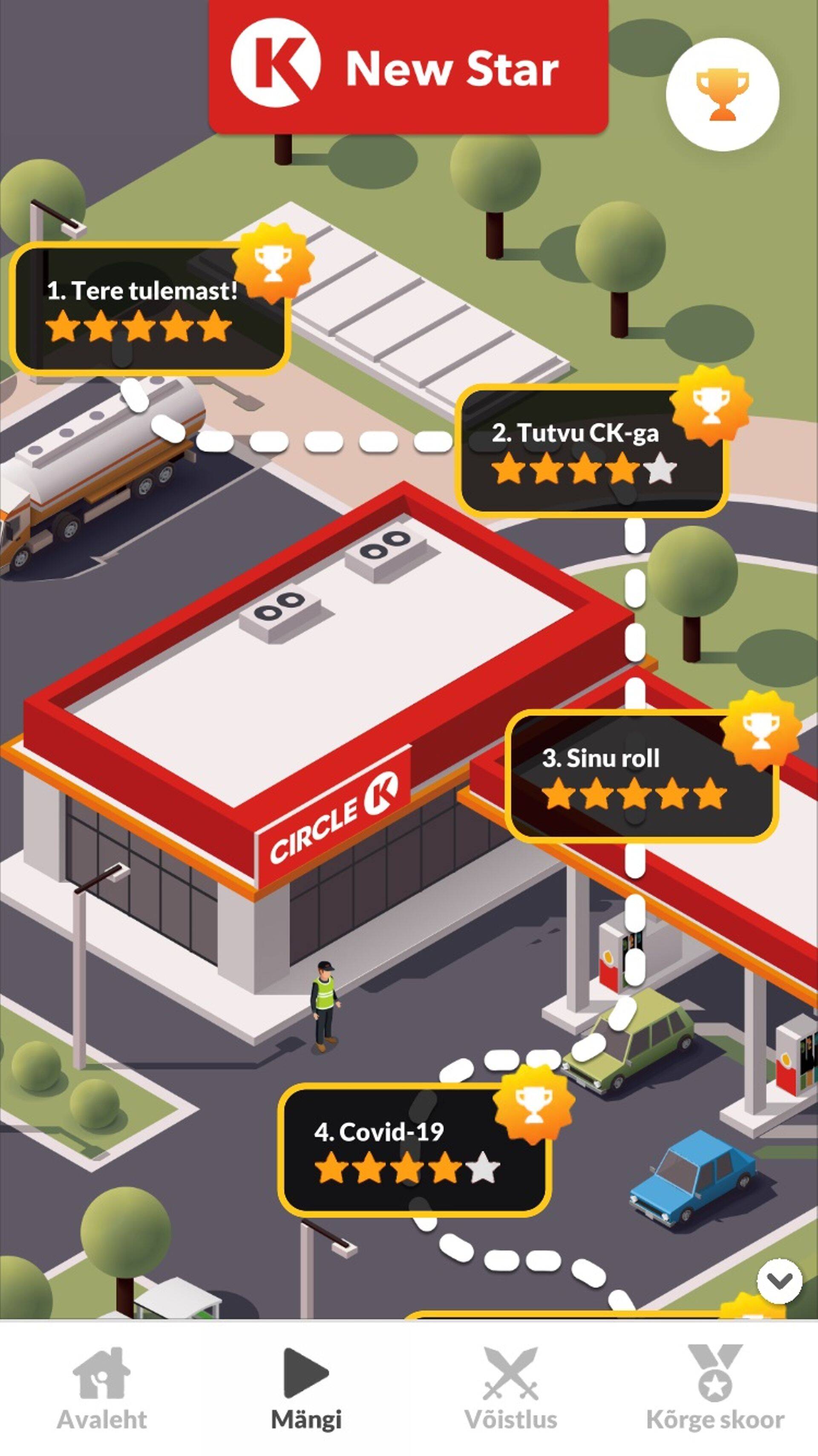 Circle K mängustatud õppe mobiilirakenduse ekraanikuva