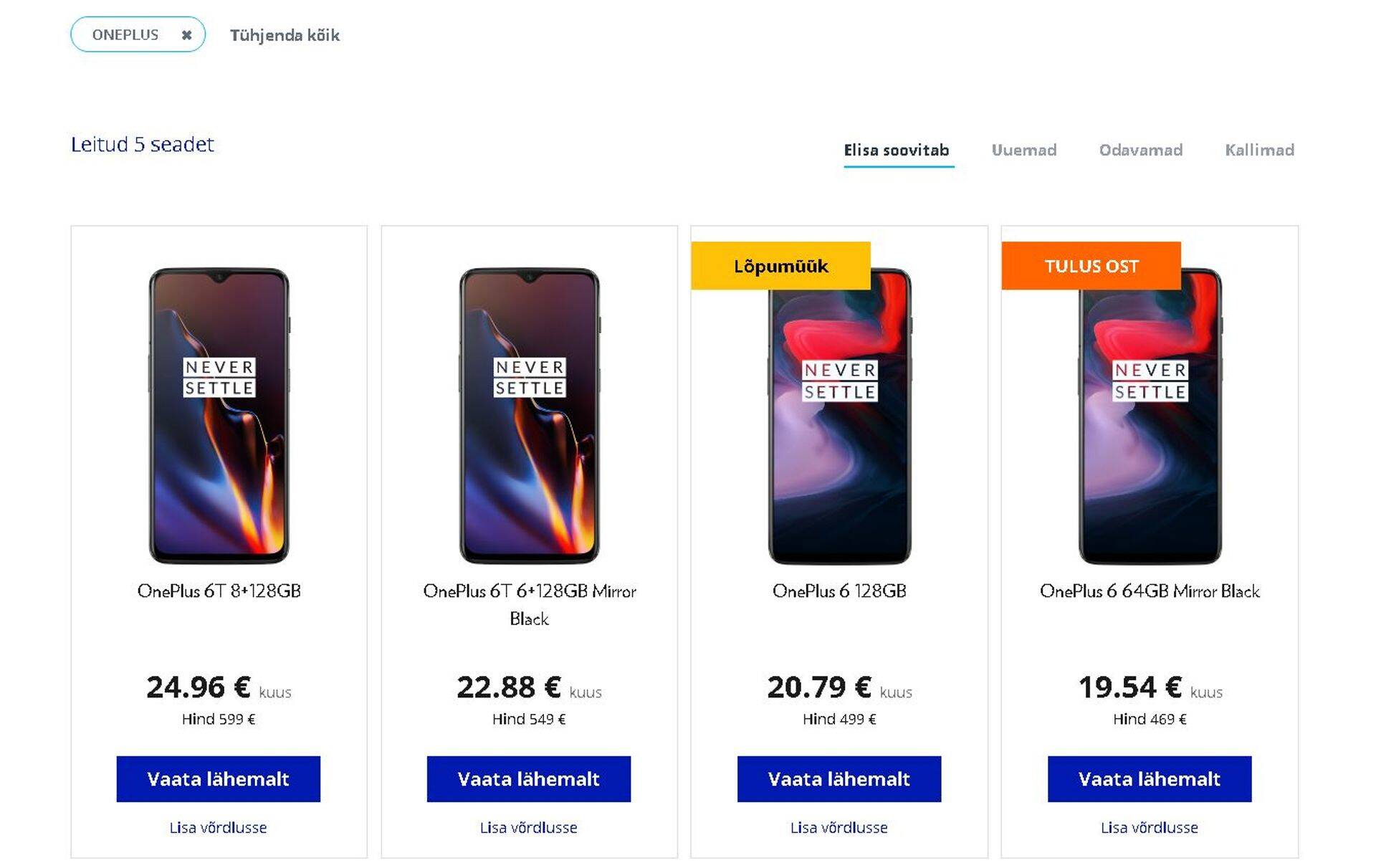 Praegu müüb Elisa OnePlusi viienda ja kuuenda seeria mobiile.