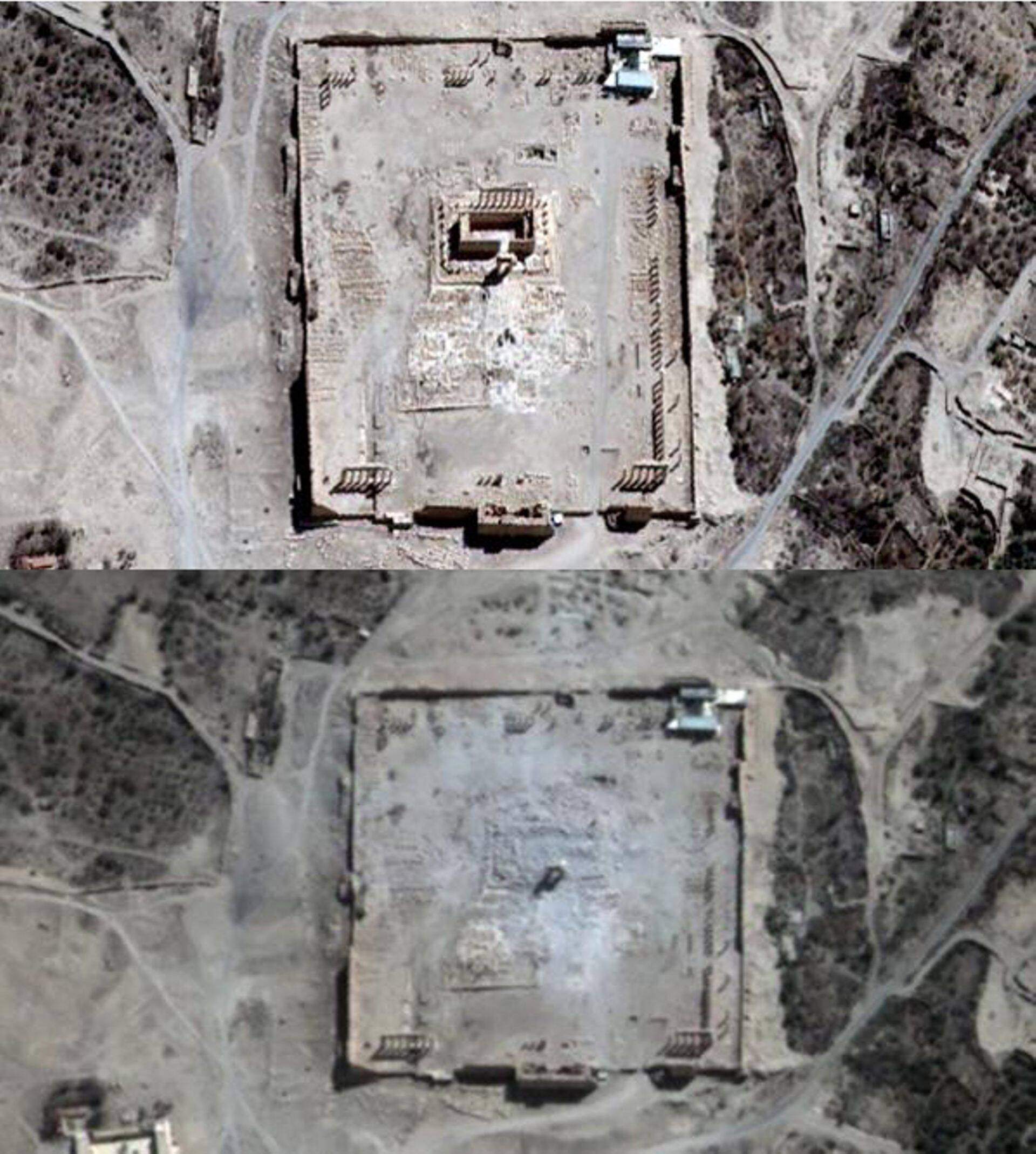 Satelliidipilt: Palmyra peatempli varemed enne ja pärast hävitamist.