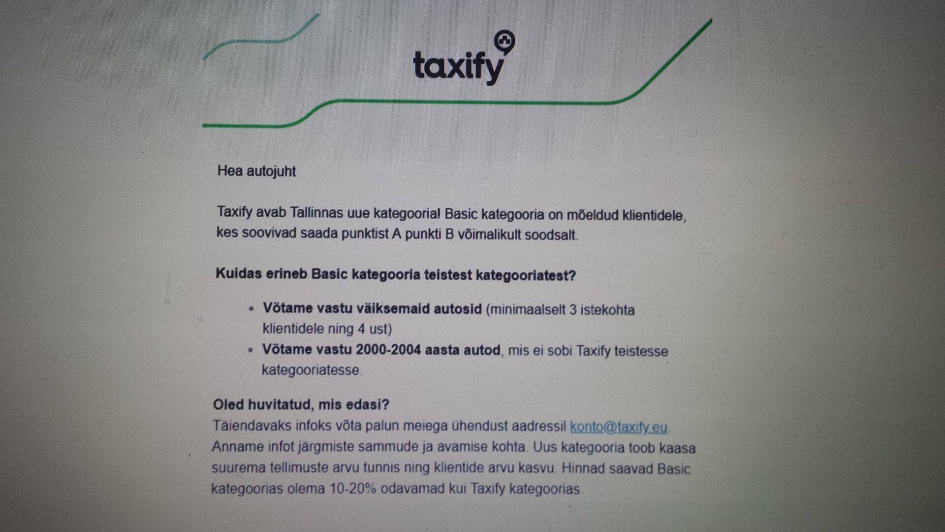 Kuvatõmmis Taxify kirjast juhtidele.