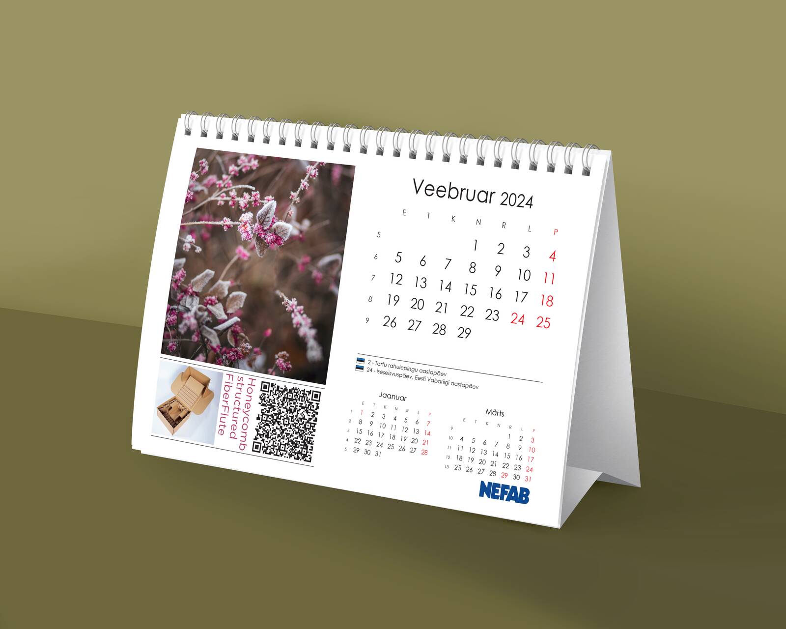 Kalender tootereklaamiga: igas kuus saab reklaamida oma toodet või teha kampaaniat lisatud QR-koodiga.