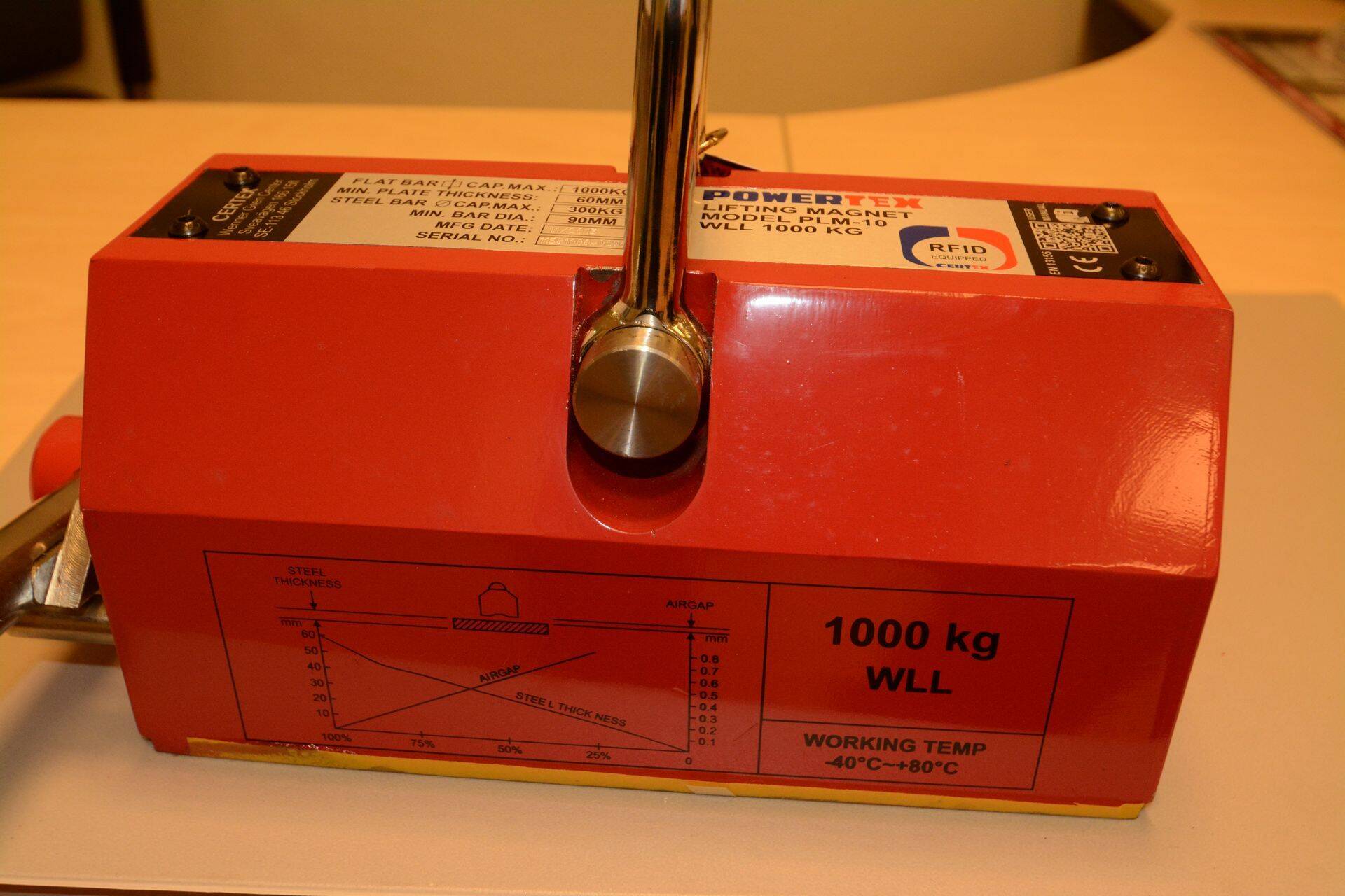 Tõstemagnetite puhul tuleb kindlasti arvestada materjali paksusega ja õhupilu suurusega. Vastav graafik magneti korpusel.