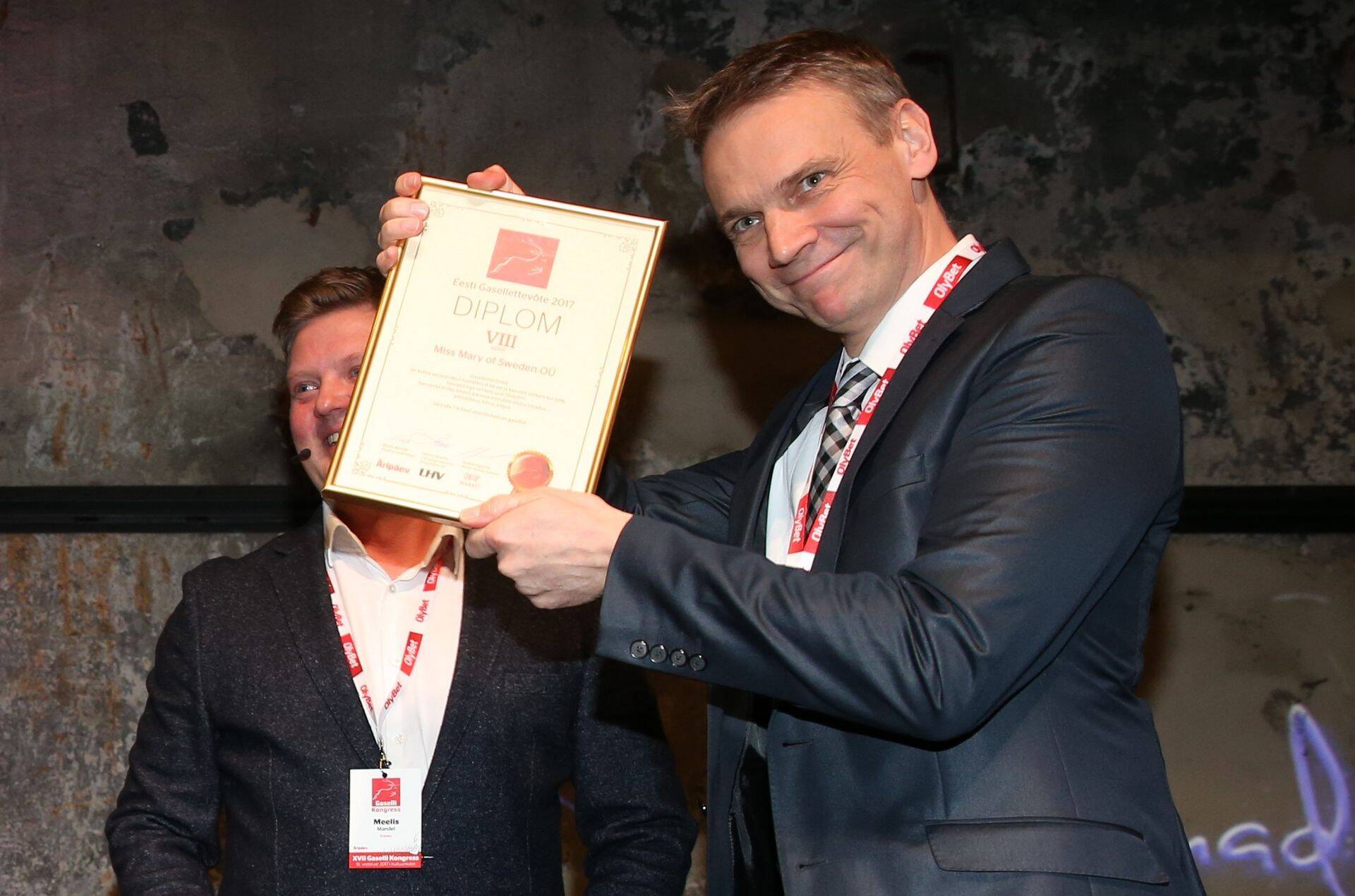 Kiiresti kasvavate ettevõtete diplomi võtab vastu Gaselli TOPis kaheksandale kohale tulnud Miss Mary of Swedeni nõukogu liige Marek Kiisa