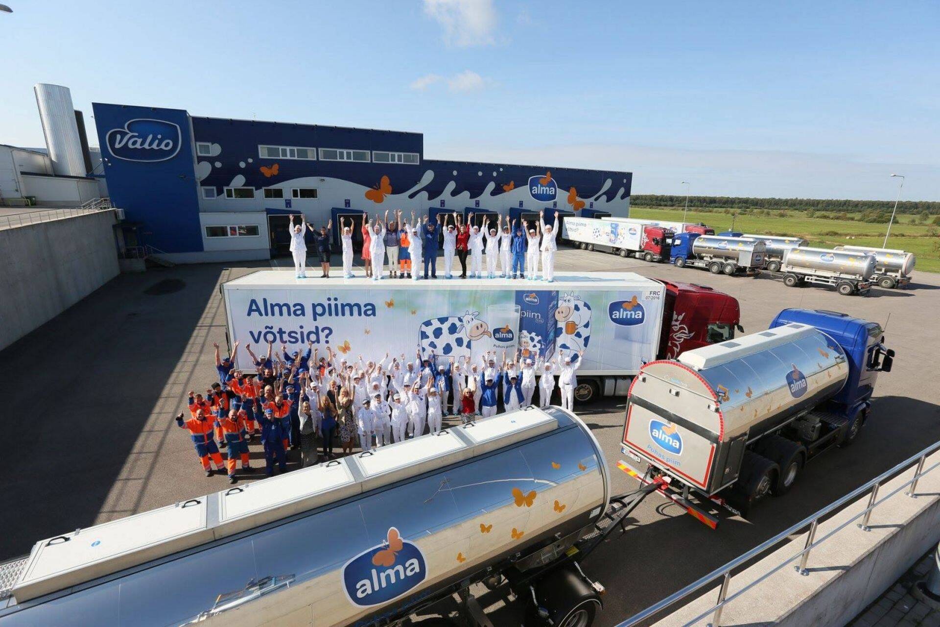 Piimaautod ja meeskond Valio Laeva tehase ees.