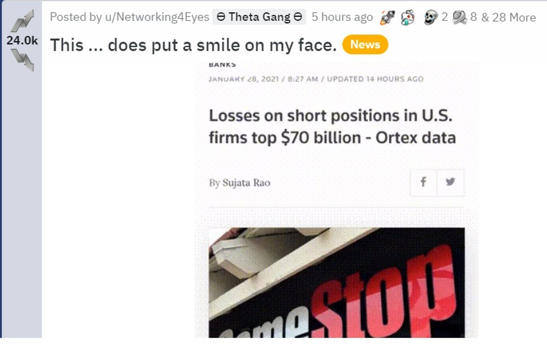 Пост в одной из самых популярных онлайн-групп на платформе Reddit под названием r/wallstreetbets. К новости о том, что американские фирмы теряют более 70 миллиардов долларов из-за своих коротких позиций, автор поста написал, что это поднимает ему настроение.