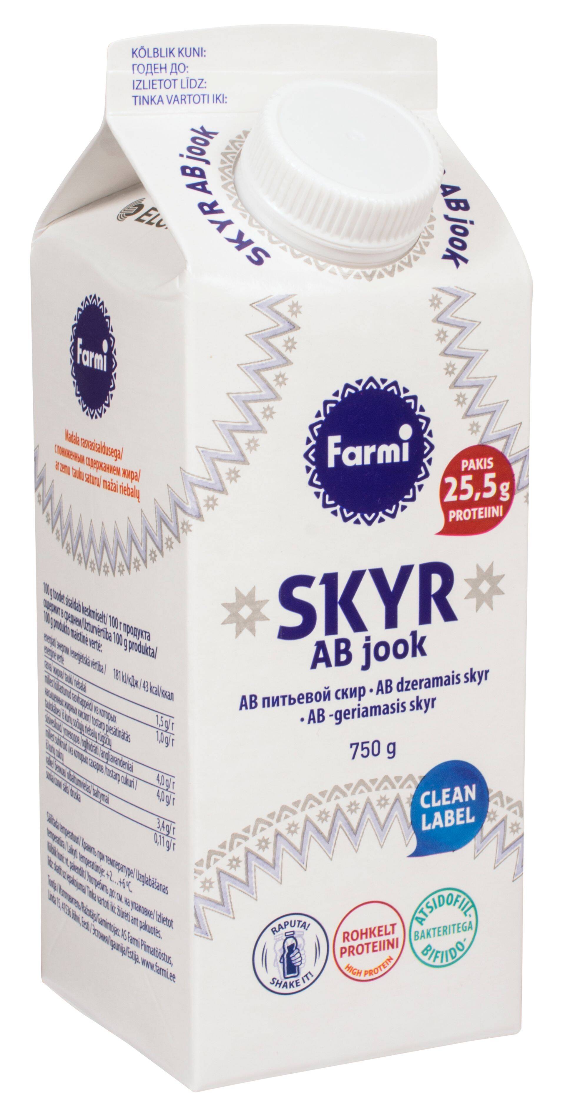 Eesti Parima Piimatoote hõbemärgi saanud SKYR AB jook.