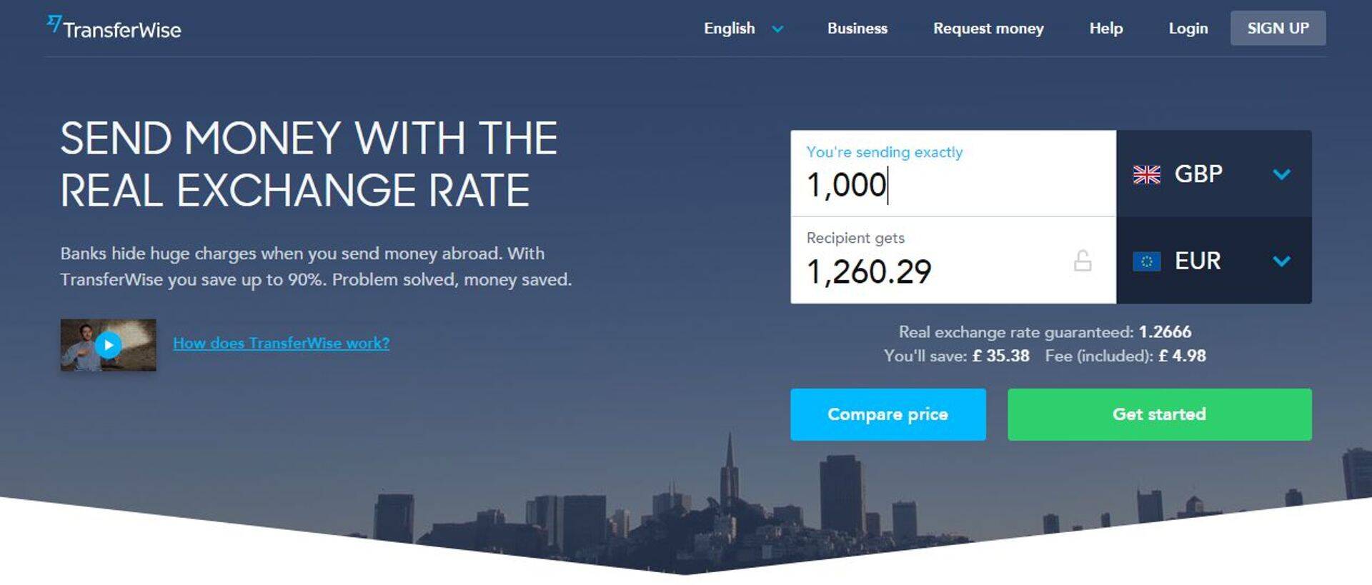 Kõnealune osa TransferWise'i kodulehelt, kus on ikka veel näha väide, et klient säästab nendega kuni 90%. Paremal on kalkulaator, mille all kirjas säästetav summa (You'll save:).