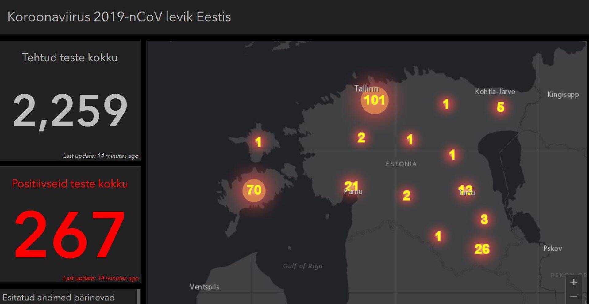 Koroonaviiruse haiguse COVID-19 Eesti infot saab jälgida interaktiivsel kaardil.