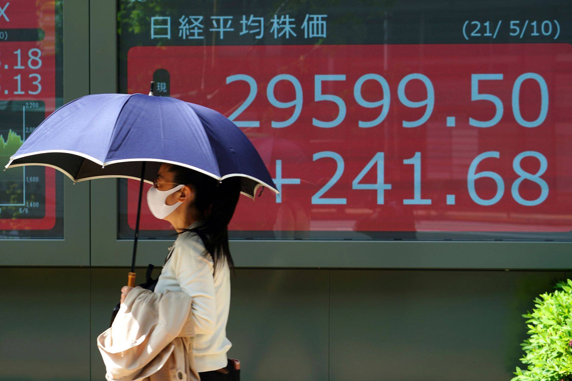 Nikkei indeksit kajastav ekraan Tokyos.