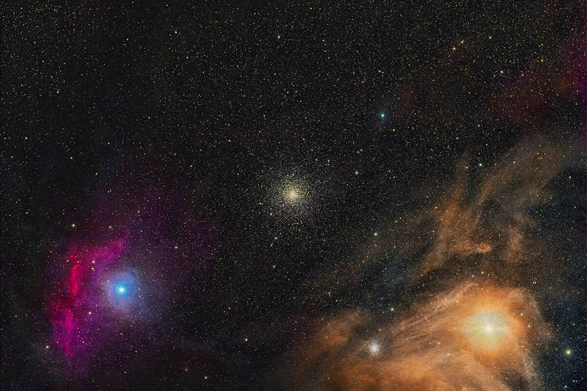 Kerasparv M4, all paremal punakas Antaares, vasakul all kuum hiidtäht Alniyati. © Urmas Leming, Tehnika: Sharpstar EDPH 76/ZWO ASI294MM Pro