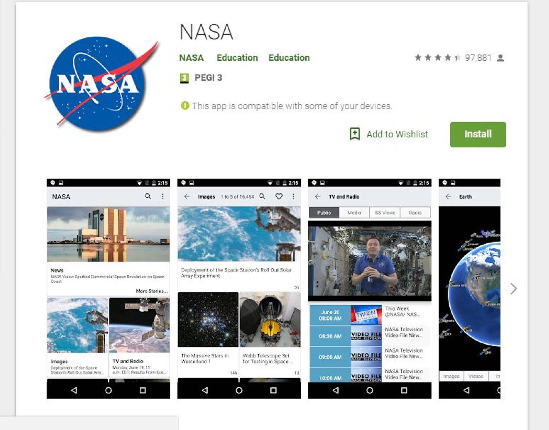 USA kosmoseagentuuri NASA äpp Google Plays.