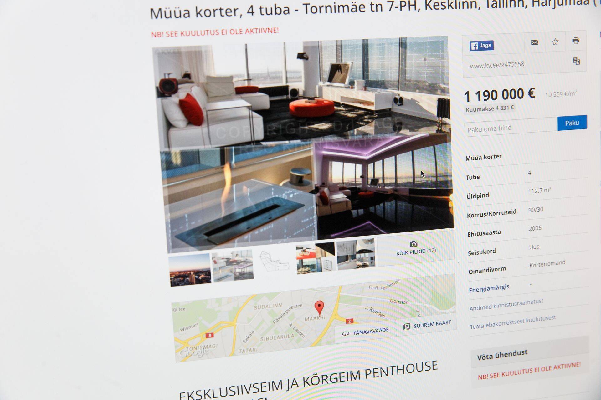 Henry Kallase Tornimäe korteri müügikuulutus, mis nüüdseks on maha võetud.
