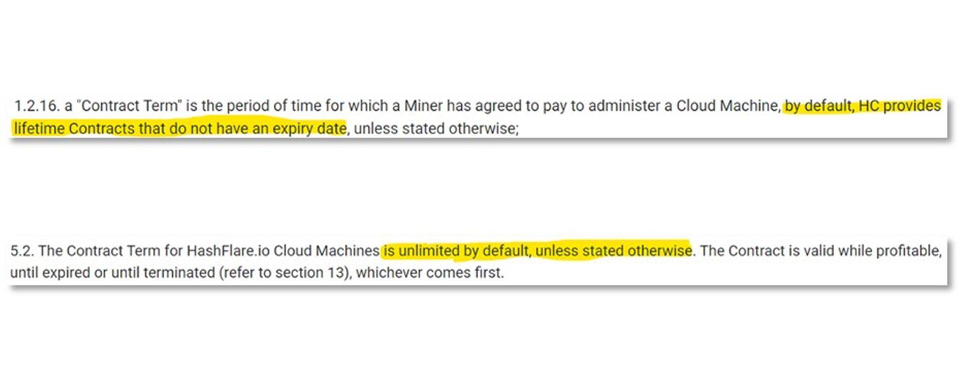 Условия контракта 31 августа 2017 года, до изменения. Пункт 1.2.16: По умолчанию, Hashcoins предоставляет пожизненные контракты, у которых нет срока истечения, если не указано иного. Пункт 5.2: По умолчанию контракт бессрочный, пока он приносит прибыль, пока он не истек или не прерван.