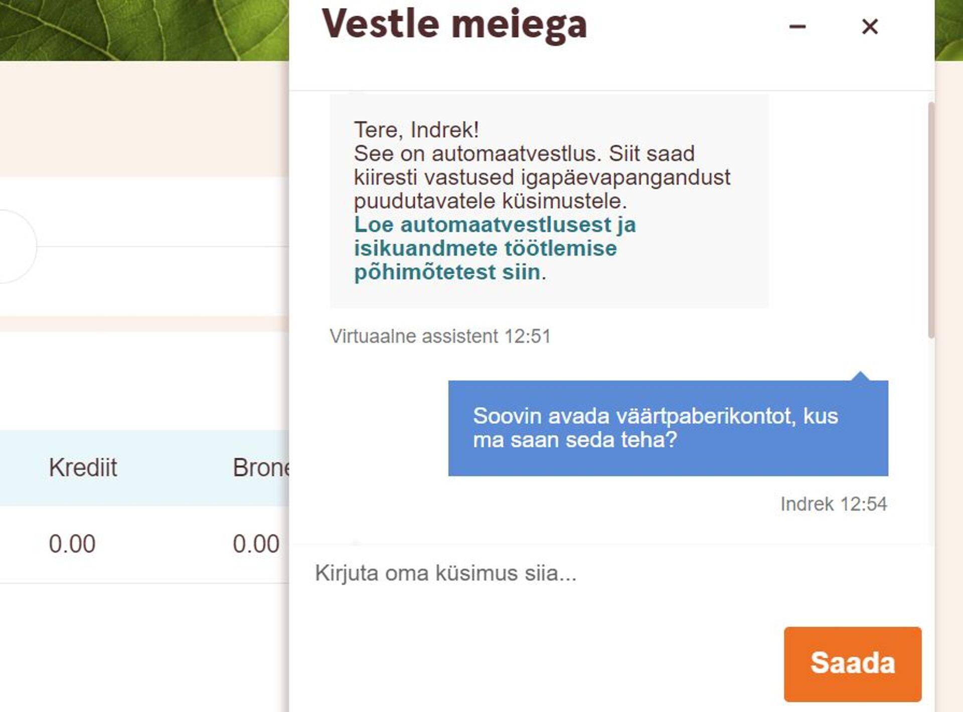 Vestlus Swedbanki virtuaalse assistendiga panga kodulehel.