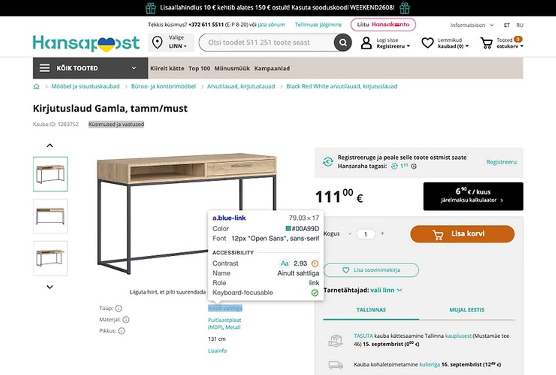 Hansaposti veebis on ligipääsetavusega probleeme. Näiteks teksti kontrastrus on alla 1: 4,5