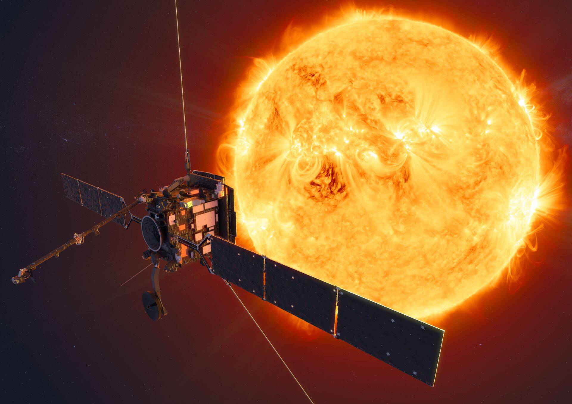Kunstniku nägemus Solar Orbiterist Päikese lähedal.