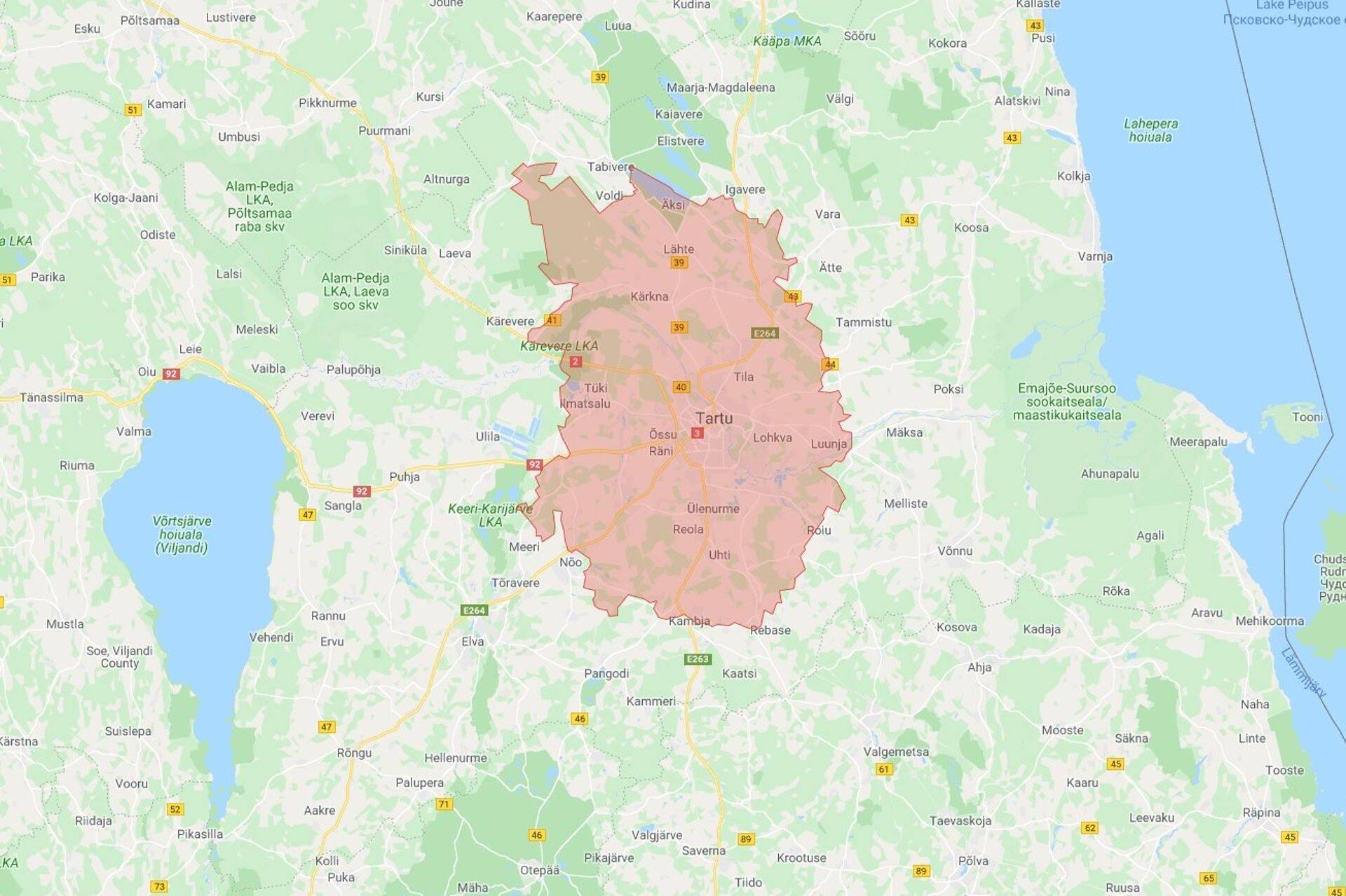 e-Selveri teeninduspiirkonna kaart Tartumaal.