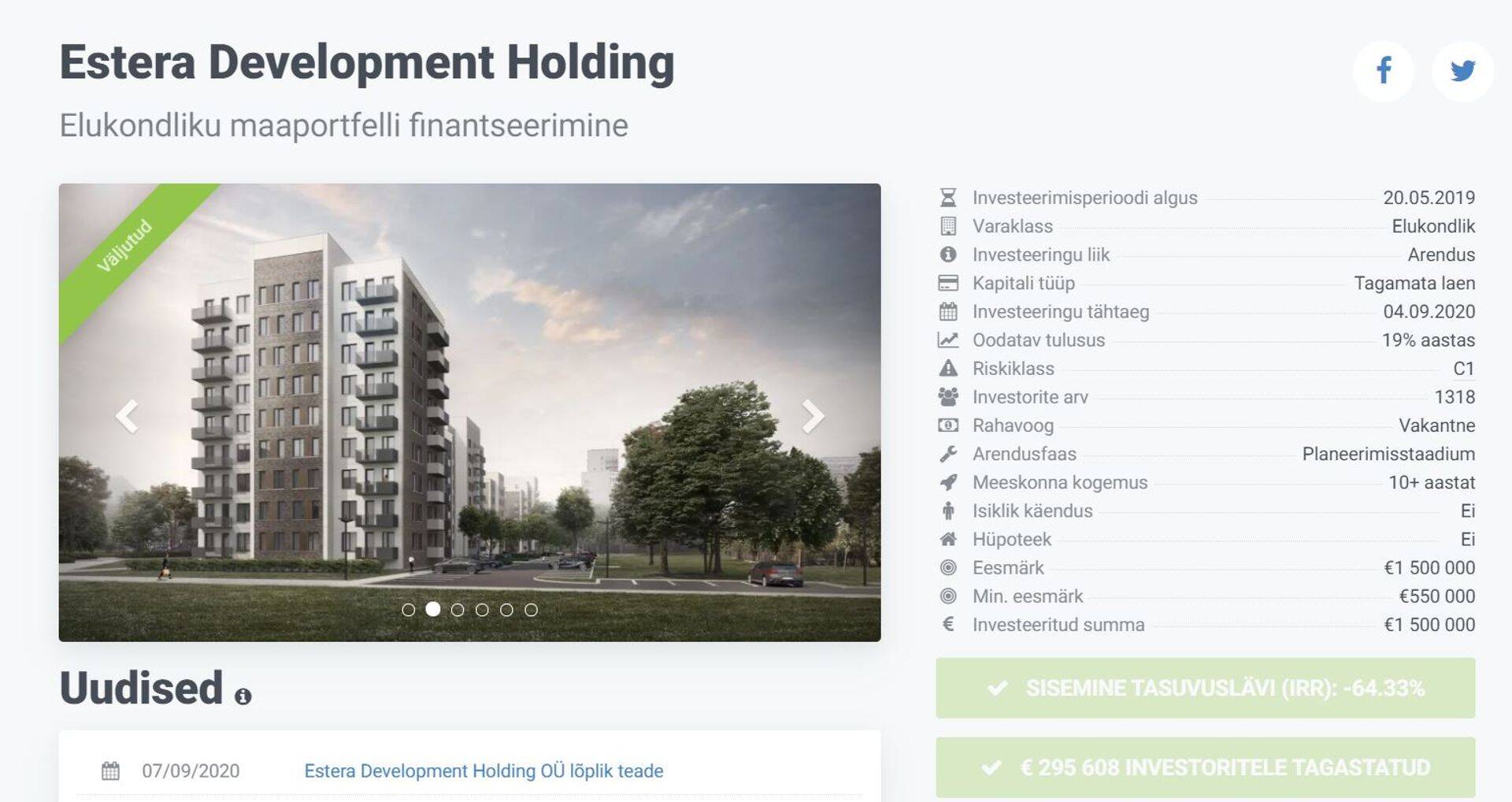 Investorite jaoks lõppes Läti kinnisvaraprojekti refinantseerimine õnnetult: projekt läks oksjonile ja selle ostis alghinnaga ära projekti suurim investor.