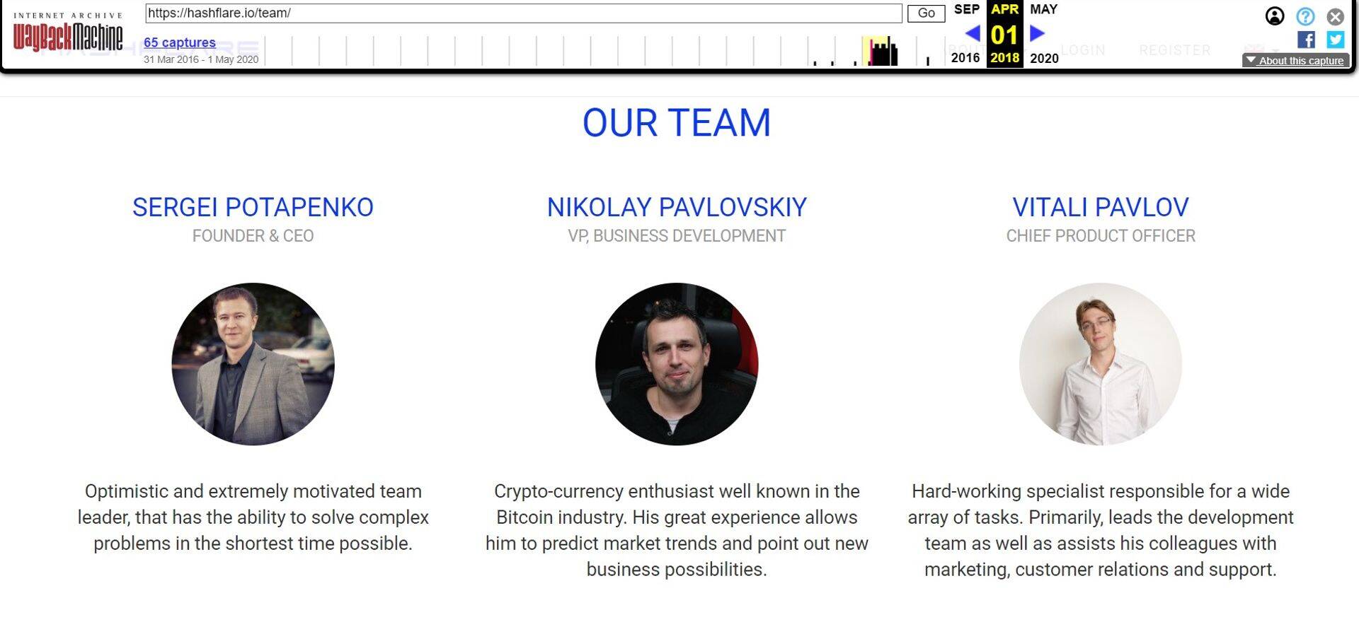 Скриншот сайта Hashflare на 1 апреля 2018 года, где Сергей Потапенко указан директором компании.