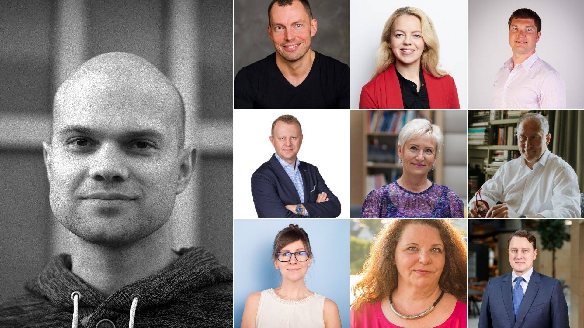 Suurelt Jaan Aru. Vasakult ülevalt: Ivar Raav, Piret Kask, Jakob Saks; Kristo Krumm, Sirje Tammiste, Toomas Tamsar; Tiina-Katrina Kaber, Lia Ratnik, Jaanus Kangur.