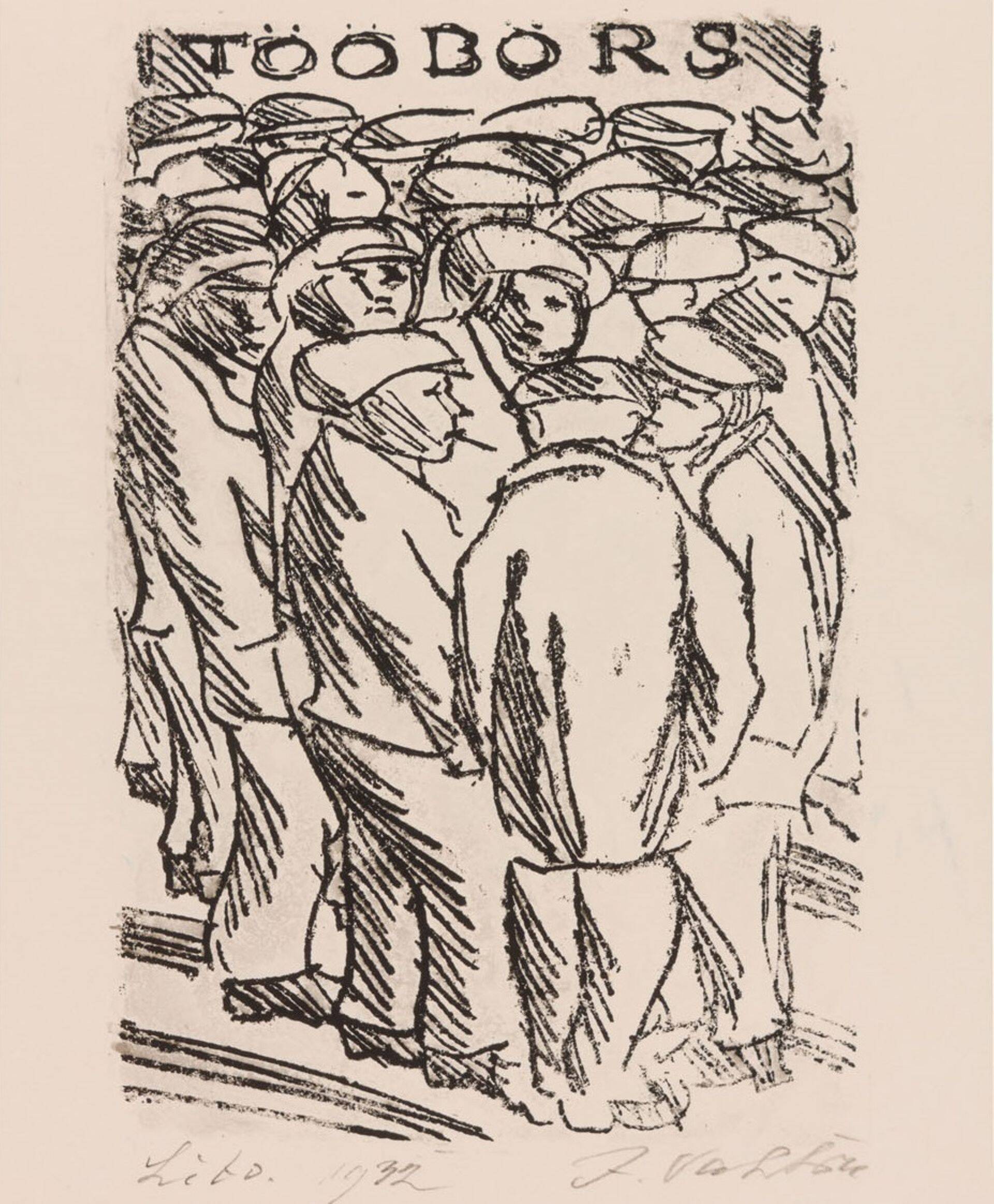 Jaan Vahtra litograafia "Tööbörs" aastast 1932.