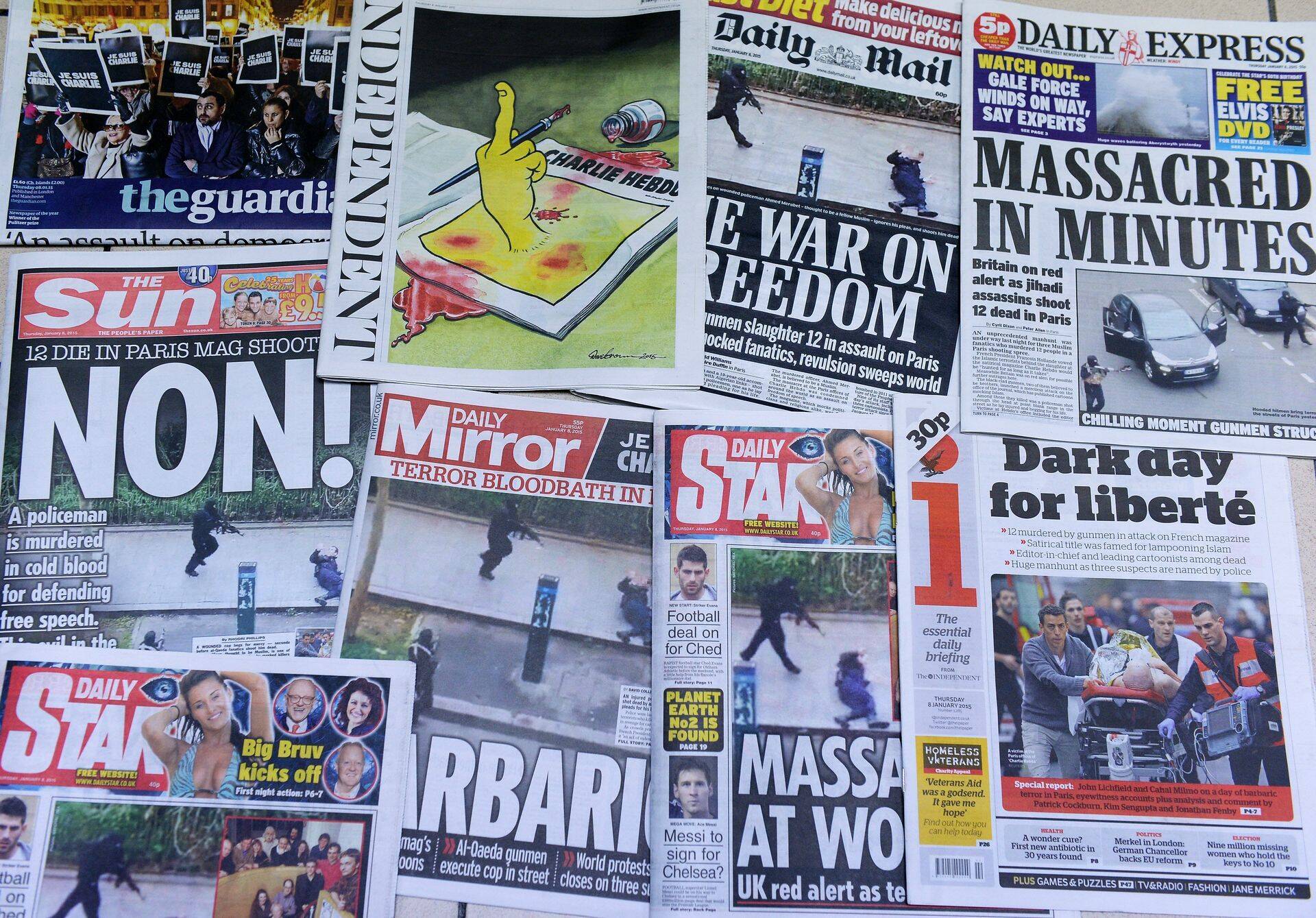 Tänased Briti ajalehed, kus esikülgedel 12 inimese tapmine Pariisi kesklinnas Charlie Hebdo toimetuses.