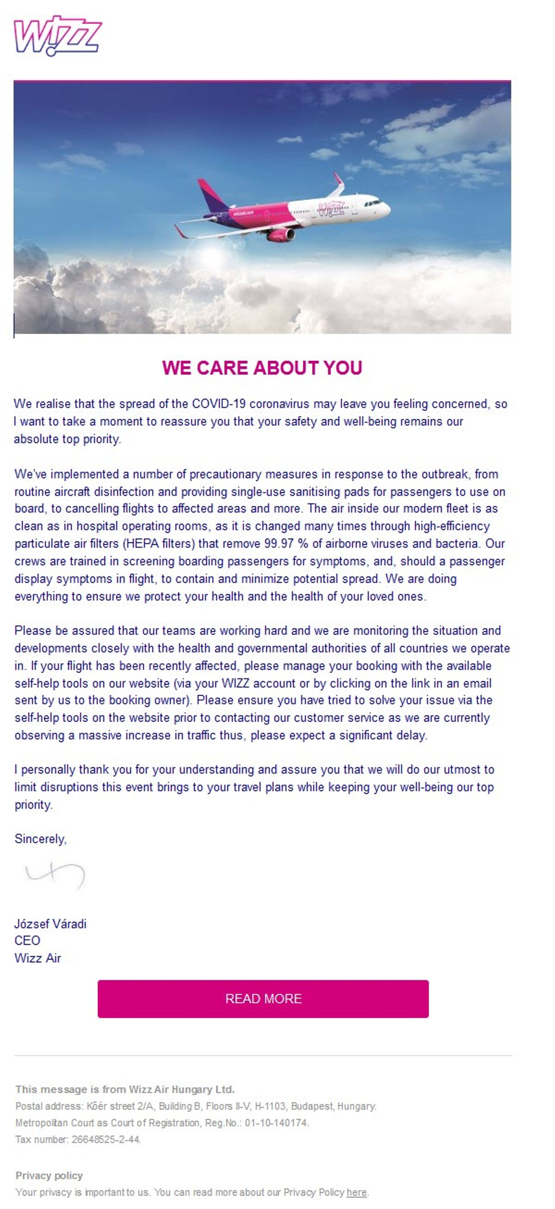 Wizzair-i rahustava ja julgustava sisuga teavituskiri