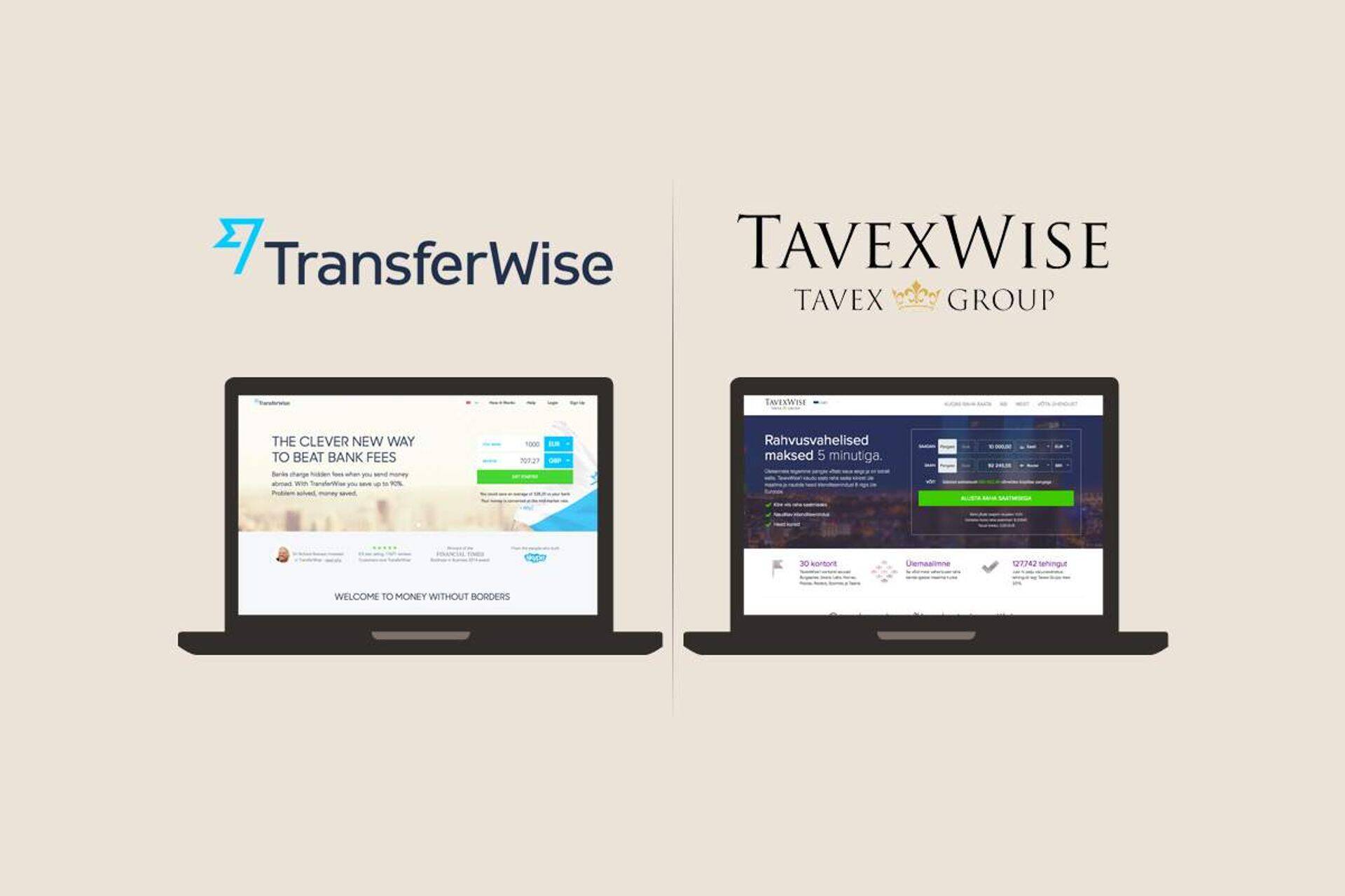 TransferWise'i ja TavexWise'i kodulehed on väga sarnased.