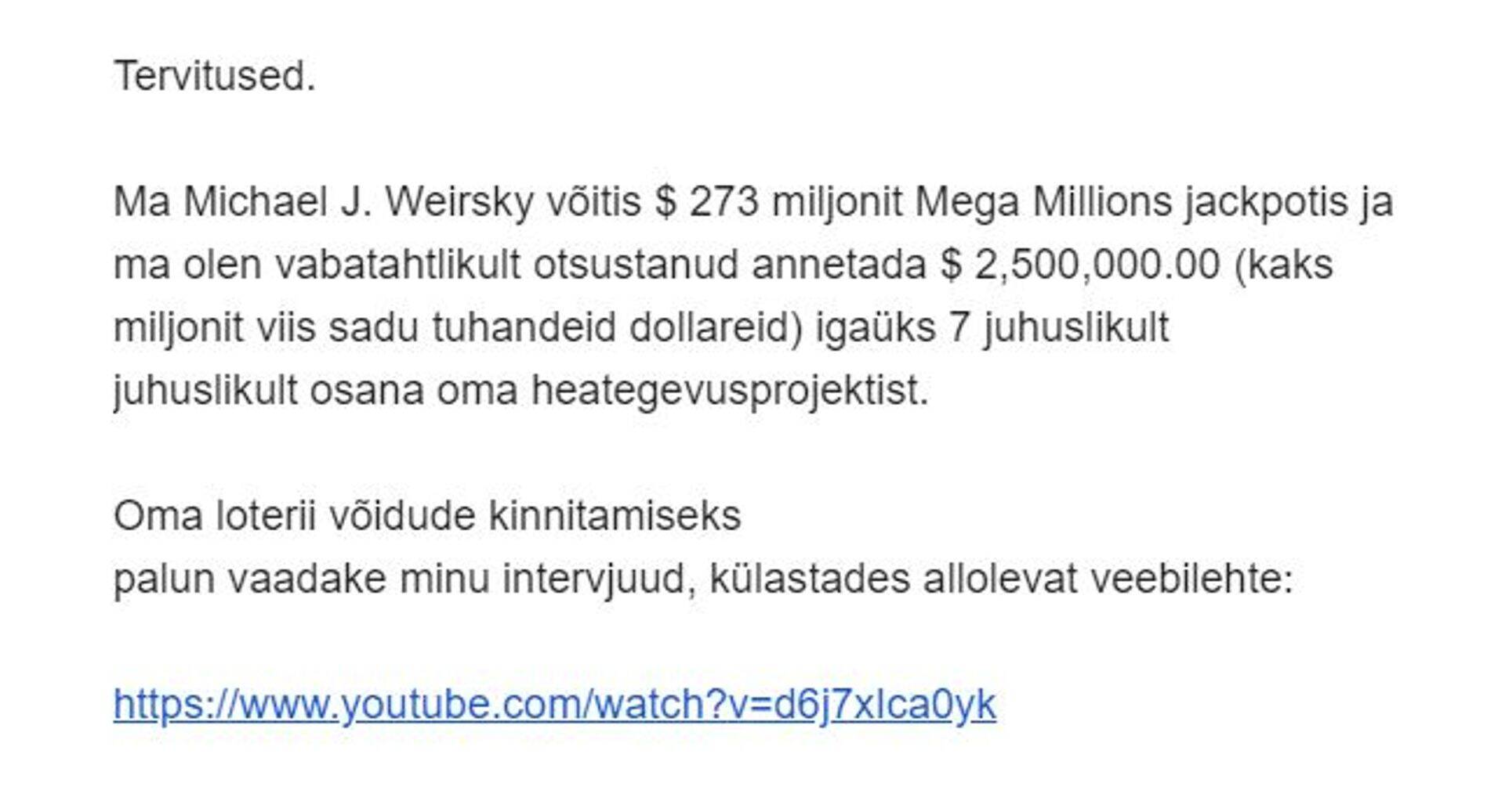 Küberkurjategija saadetud tüüpiline e-kiri.