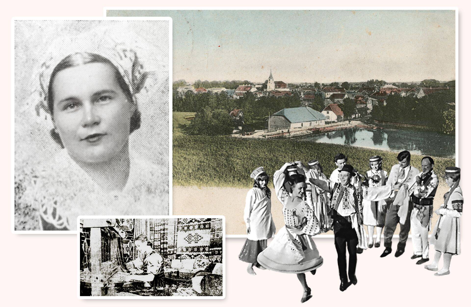 Элла Кикас-Томсон и ее изделия на промышленной выставке (слева).