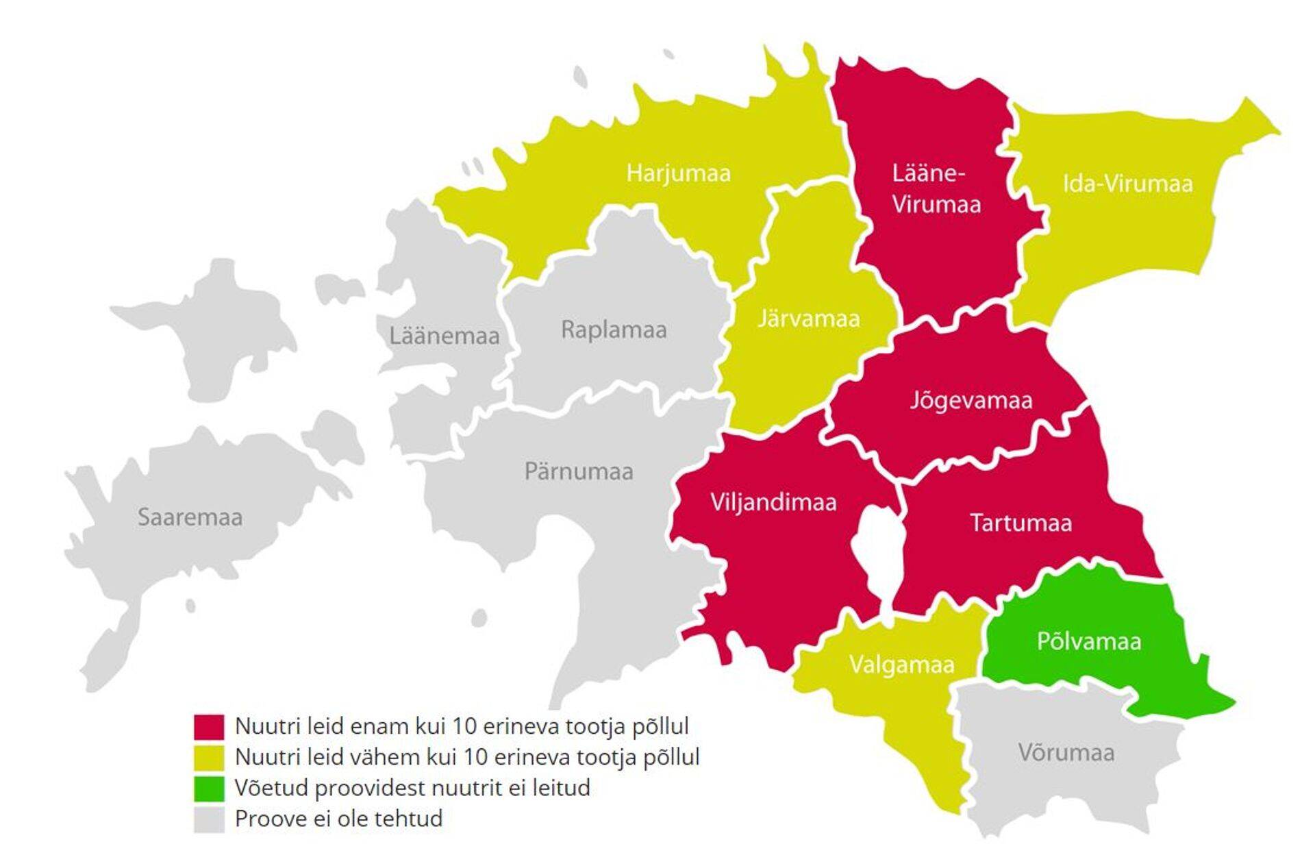 Syngenta nuutriproovidega kinnitatud nuutri levikupiirkonnad Eestis.