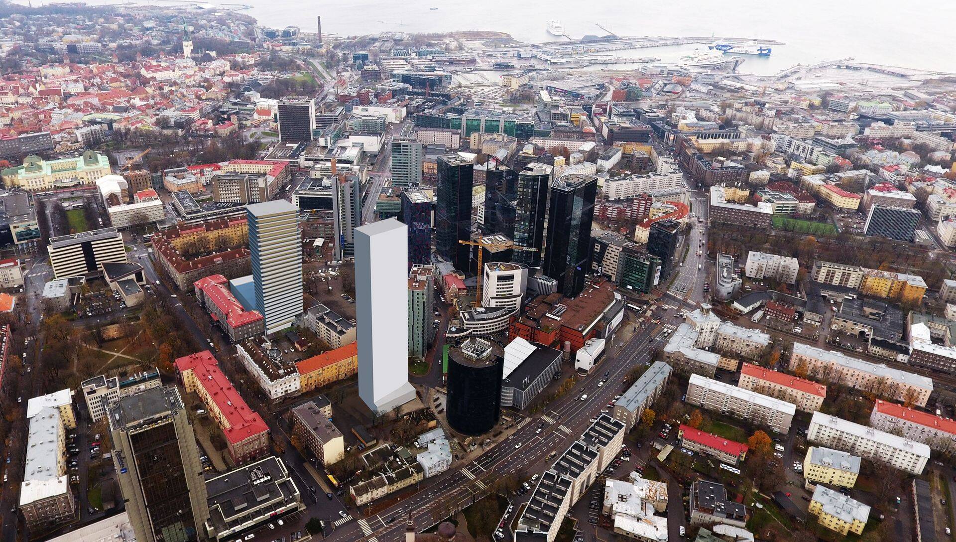 Uus, kehtestatav detailplaneering toob uue kõrghoone, plaanil valget värvi. Foto: K-Projekt