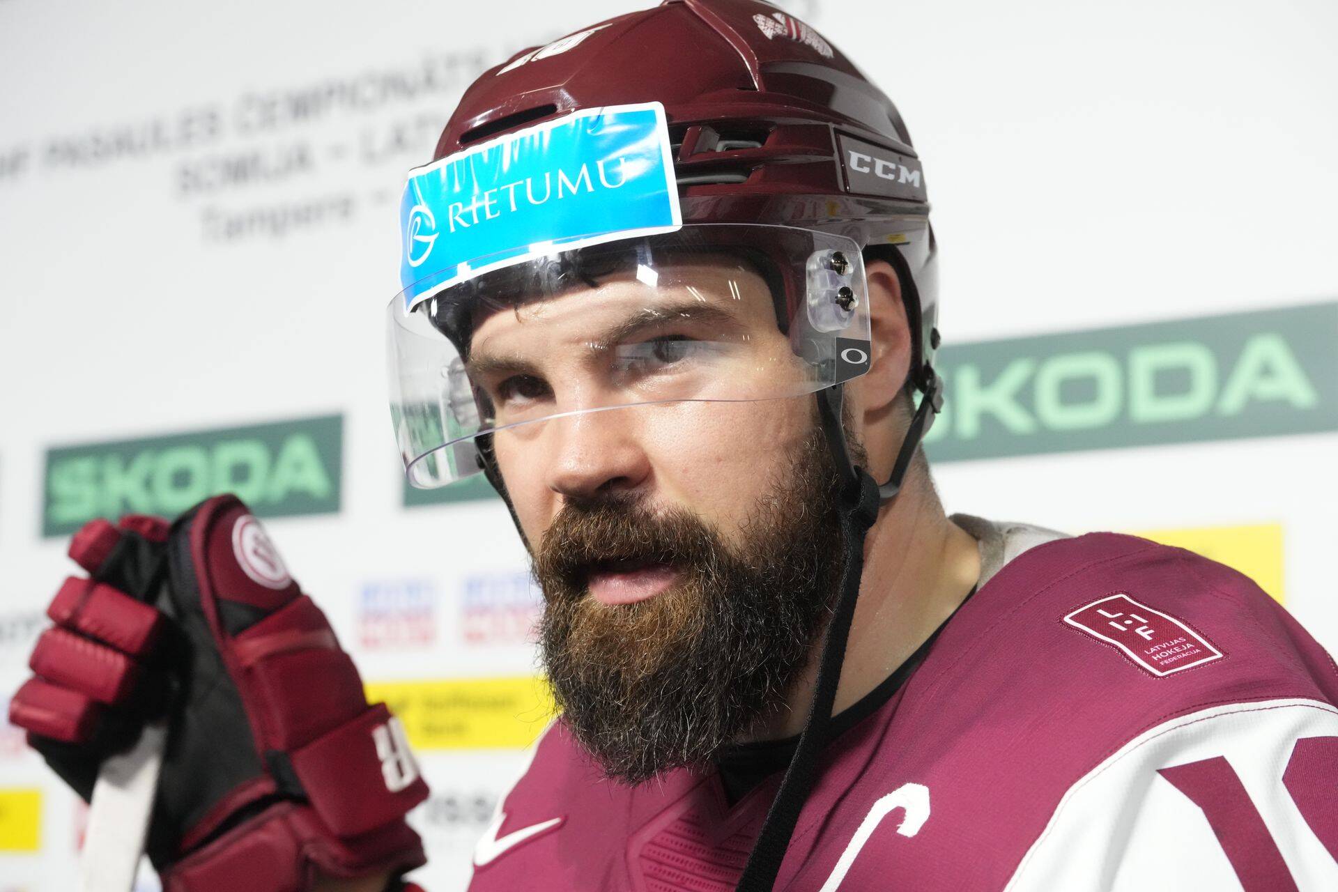 Kaspars Daugaviņš. Pasaules hokeja čempionāta spēle starp Latvijas un Kanādas valstsvienībām ''Arēnā Rīga''.