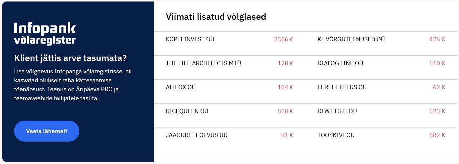 Võlaregistri plokk Äripäeva avalehel.