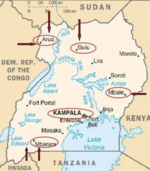 Siin on näha Uganda haiglate bakterioloogiliste laboratooriumite asukohad ja arvestades seejuures massilist haigete saabumist naaberriikidest, mille ehitusprojektid koostasid Amhold ASi insenerid.