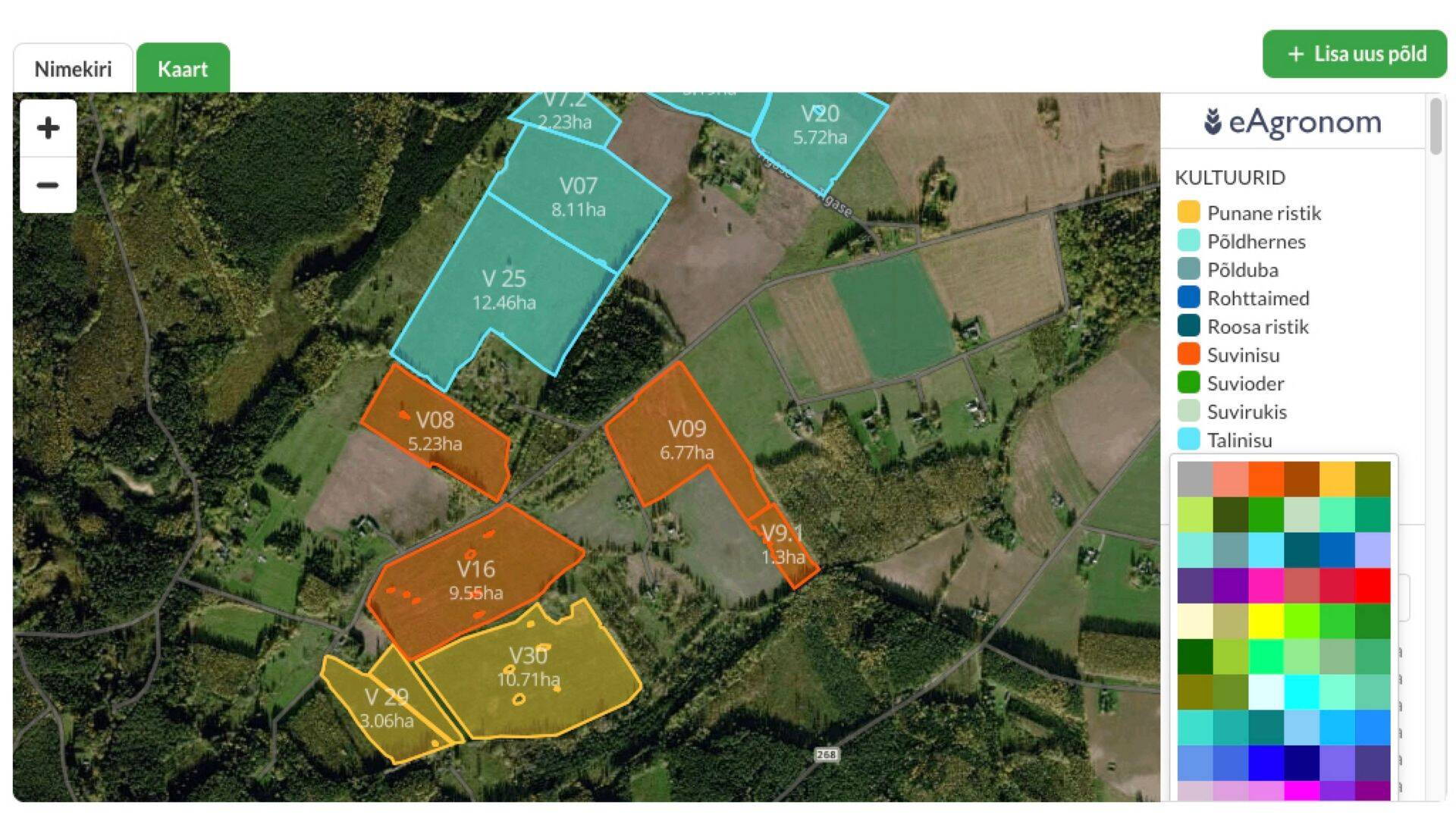 Uuenenud põldude kaardil saab põlde värvide abil eristada