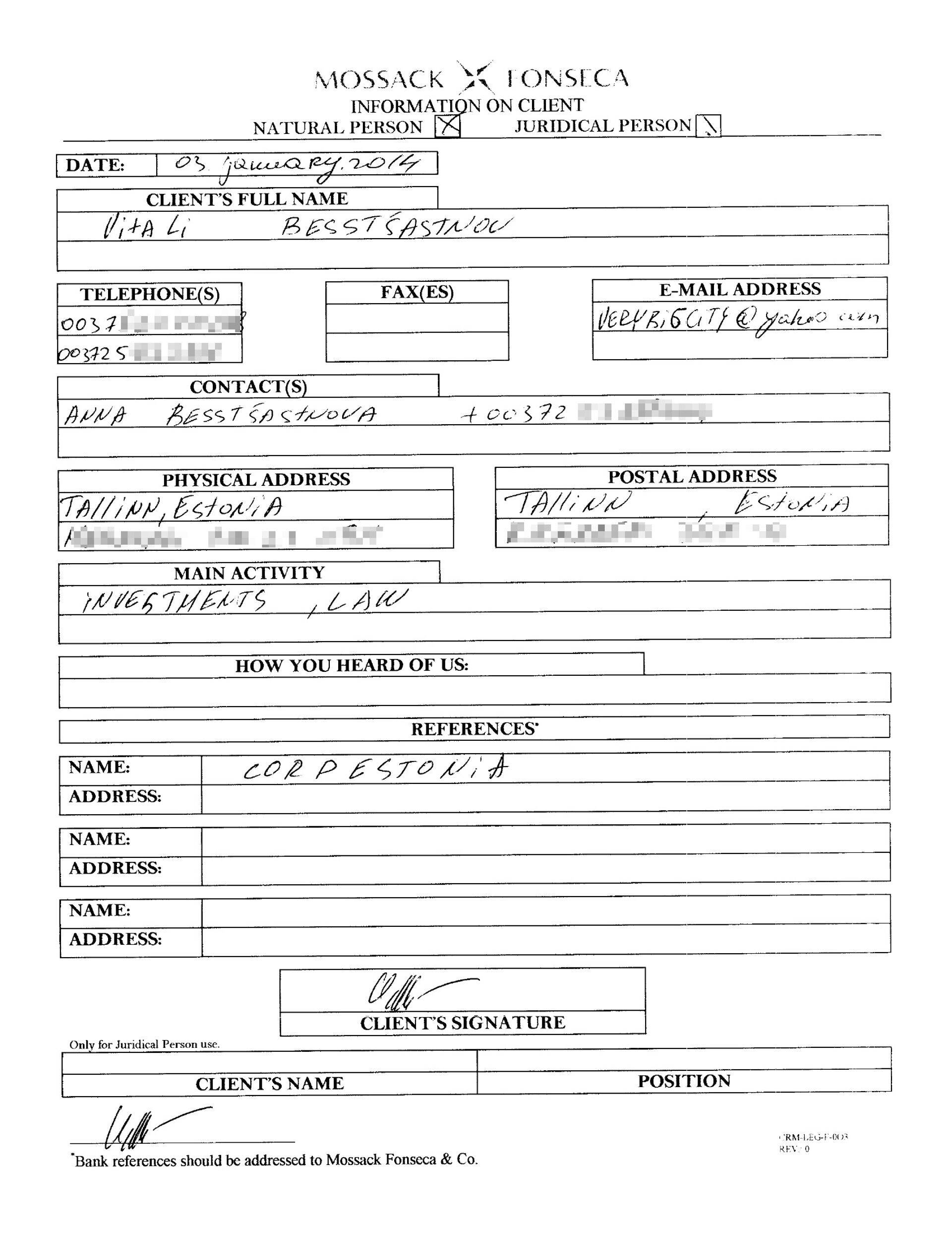 Äripäeva käsutuses on dokumendid, mille järgi sai osaühinguga SimCity ning tulundusühistuga Bitest seotud Vitali Besstšastnovist 2014. a jaanuaris Mossack Fonseca klient.