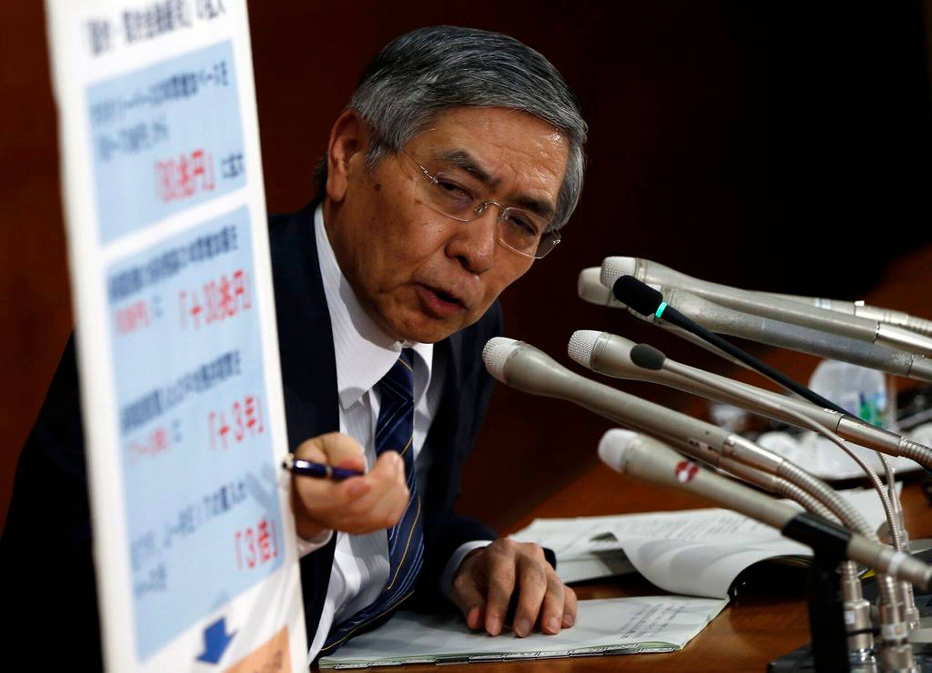 Jaapani keskpanga juht Haruhiko Kuroda selgitamas panga poliitikamuutust.