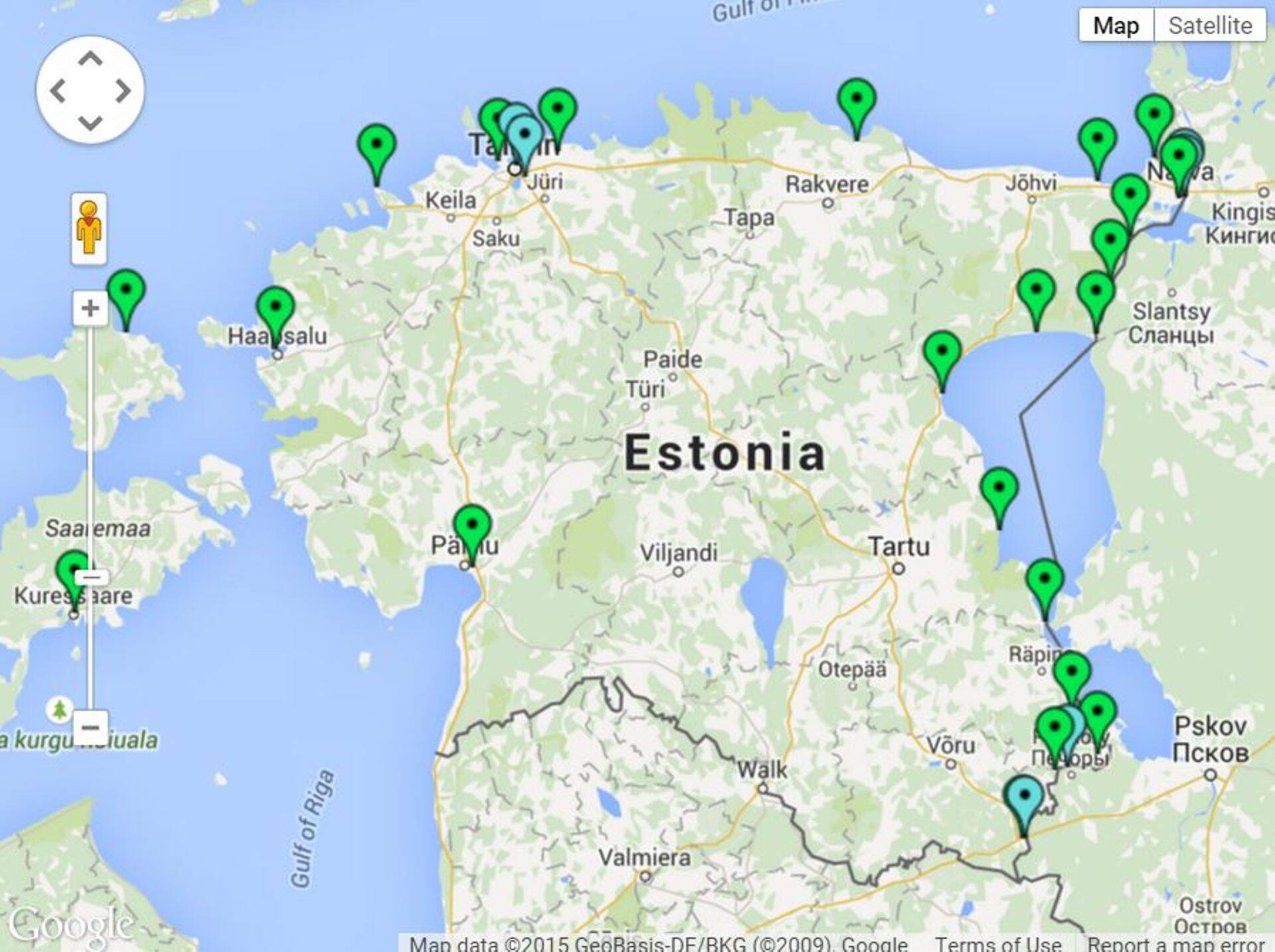 Кордоны (отмечены зеленым) и пограничные пункты Эстонии (отмечены голубым)