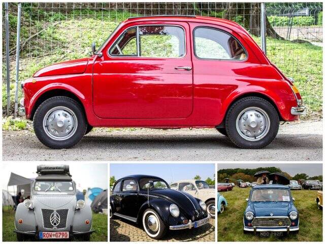 Fiat 500 Itaaliast (üleval) ning (vasakult) Citroën 2CV Prantsusmaalt, Volkswagen Põrnikas Saksamaalt ja algupärane Mini Suurbritanniast.