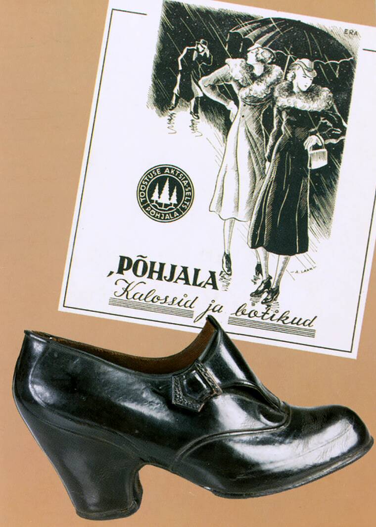 Ботики, изготовленные на фабрике Põhjala, 1930-е годы, и реклама в журнале Kõigile.