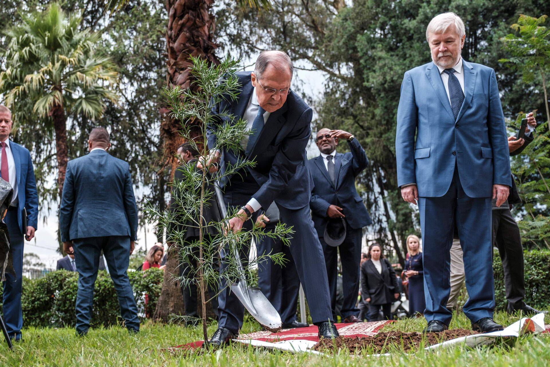 Venemaa välisminister Sergei Lavrov istutas oma Aafrika visiidi ajal Etioopiasse Venemaa saatkonna juurde puu. Pealt vaatab saadik Jevgeni Terehhin.