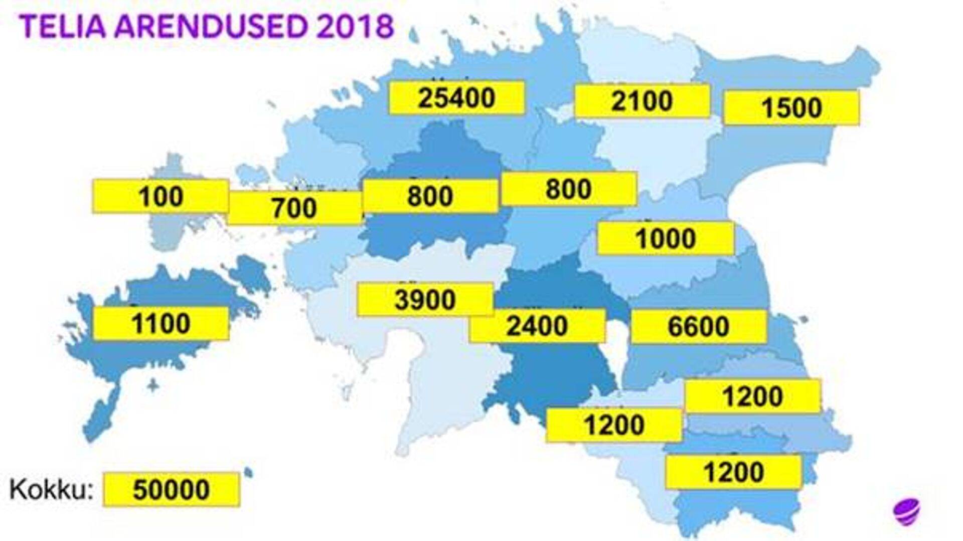 Majapidamiste arv maakonniti, mis said 2018. aastal kiire Telia koduinterneti.