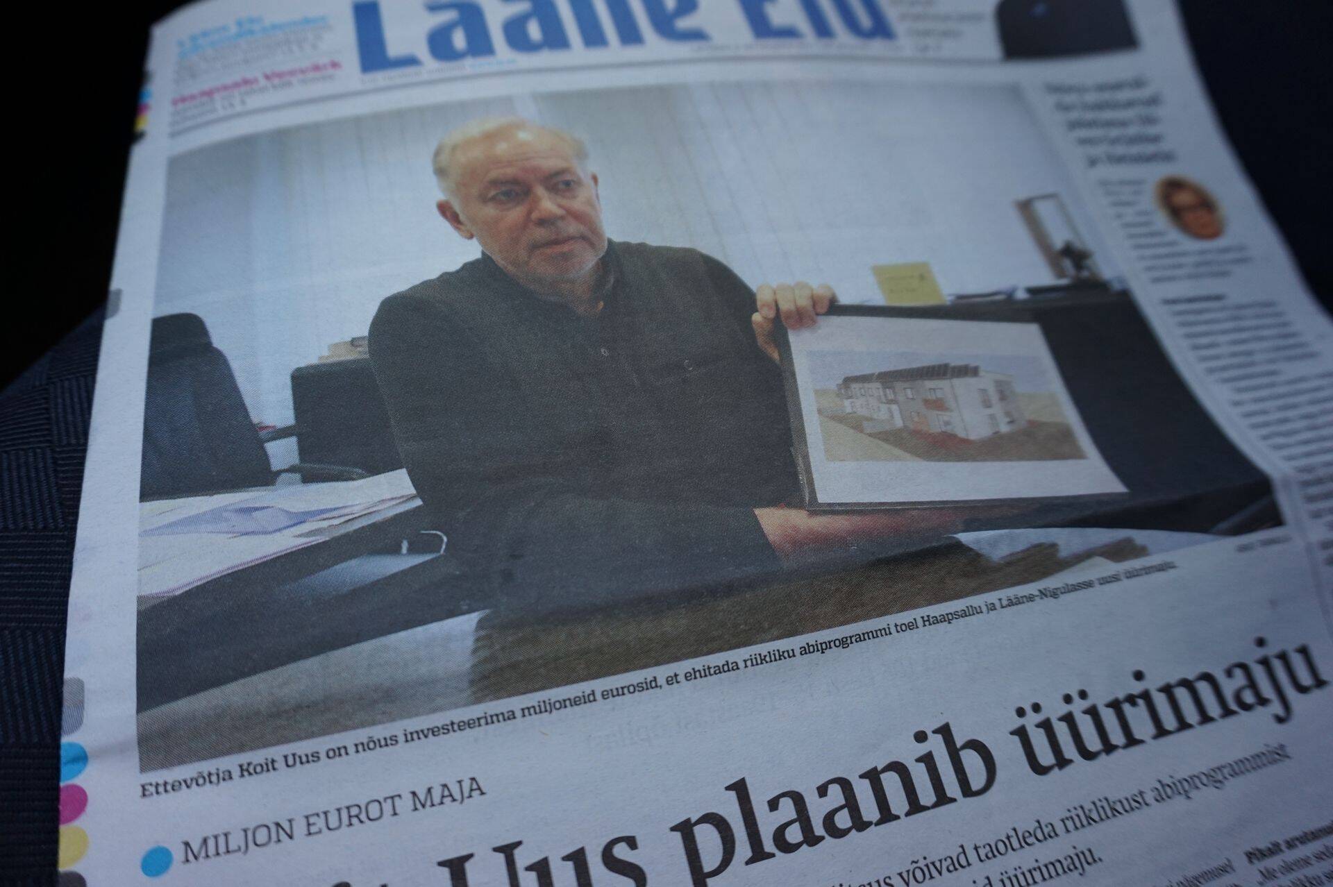 Läänemaa suurettevõtja Koit Uus üürimaja projektiga kohaliku ajalehe esilehel.